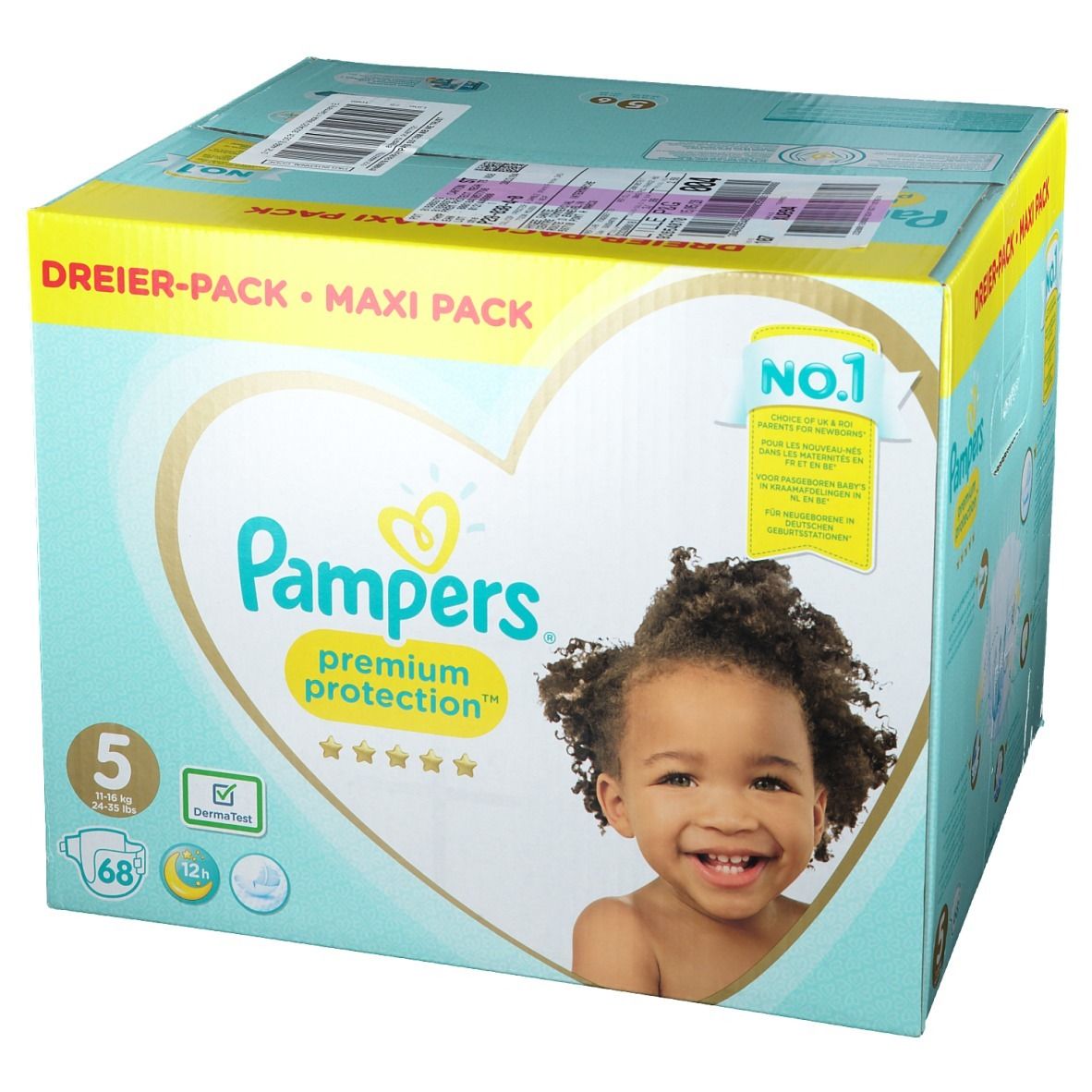 Paquet de couches Pampers Premium Protection Taille 5. Emballage avec illustration de bébé et informations produit.