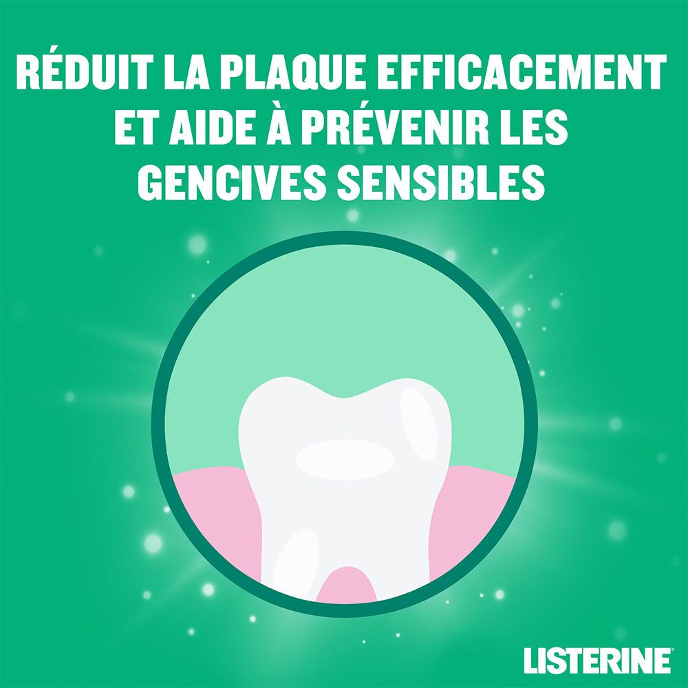 Illustration de dent dans un cercle. Texte : Réduit efficacement la plaque et aide à prévenir les gencives sensibles.