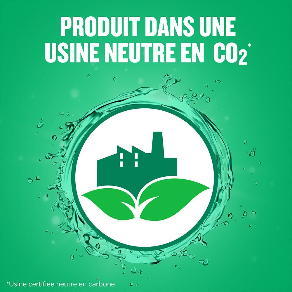 Illustration d'une usine avec des feuilles. Texte : Produit fabriqué dans une usine neutre en CO2.