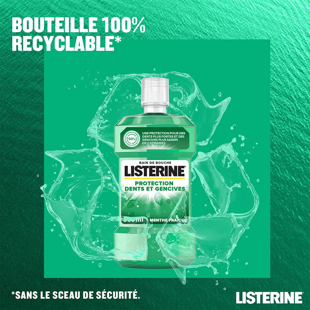 Bouteille LISTERINE® dans l'eau. Texte : Bouteille 100% recyclable. Sans sceau de sécurité.