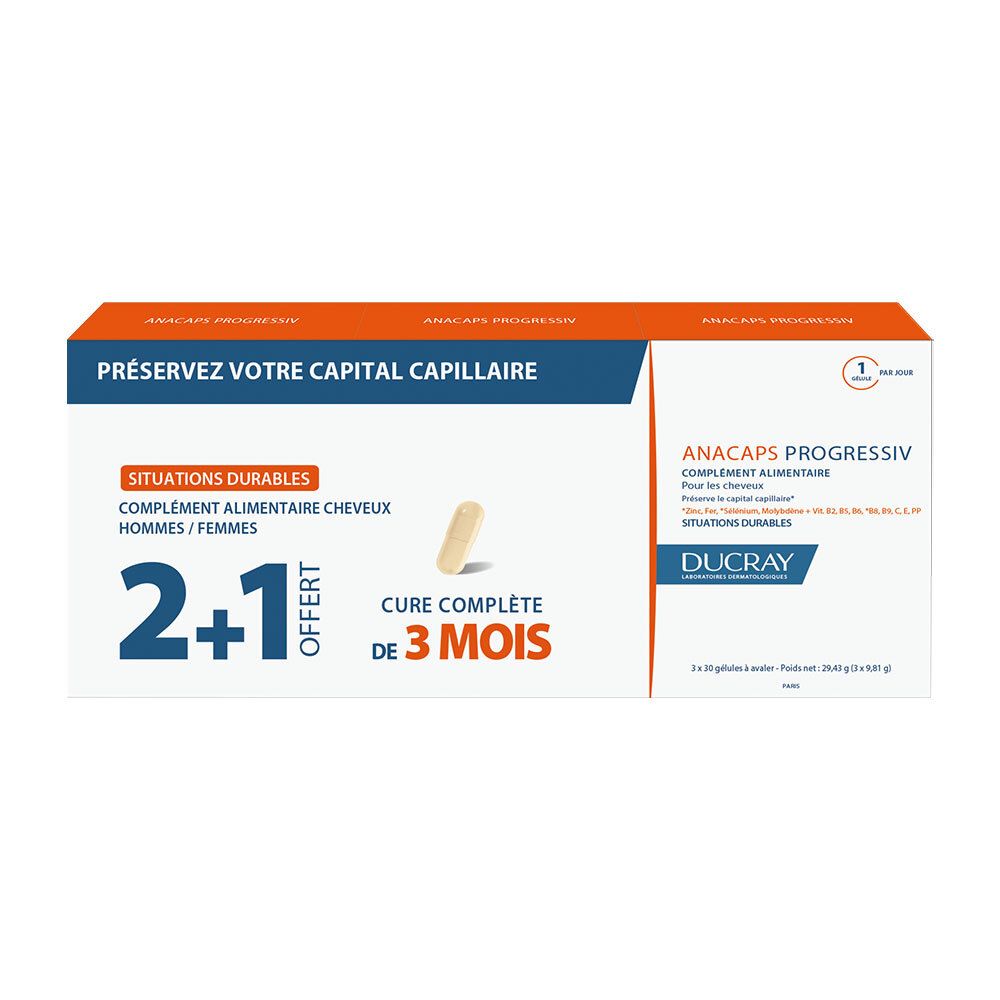 Boîte de compléments alimentaires ANACAPS Progressiv. Offre 2+1, cure de 3 mois. Marque DUCRAY.