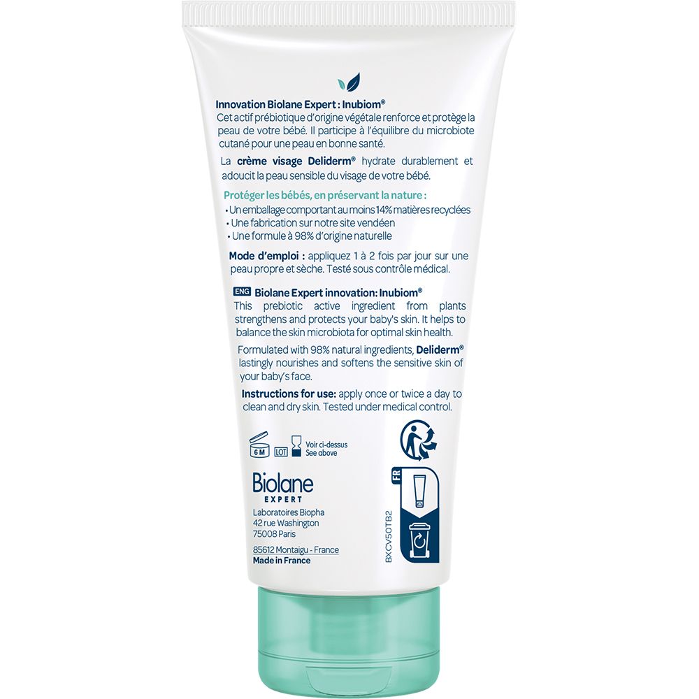 Dos du tube de crème visage Biolane Expert Deliderm. Inscriptions en français et anglais. Ingrédients, mode d'emploi.