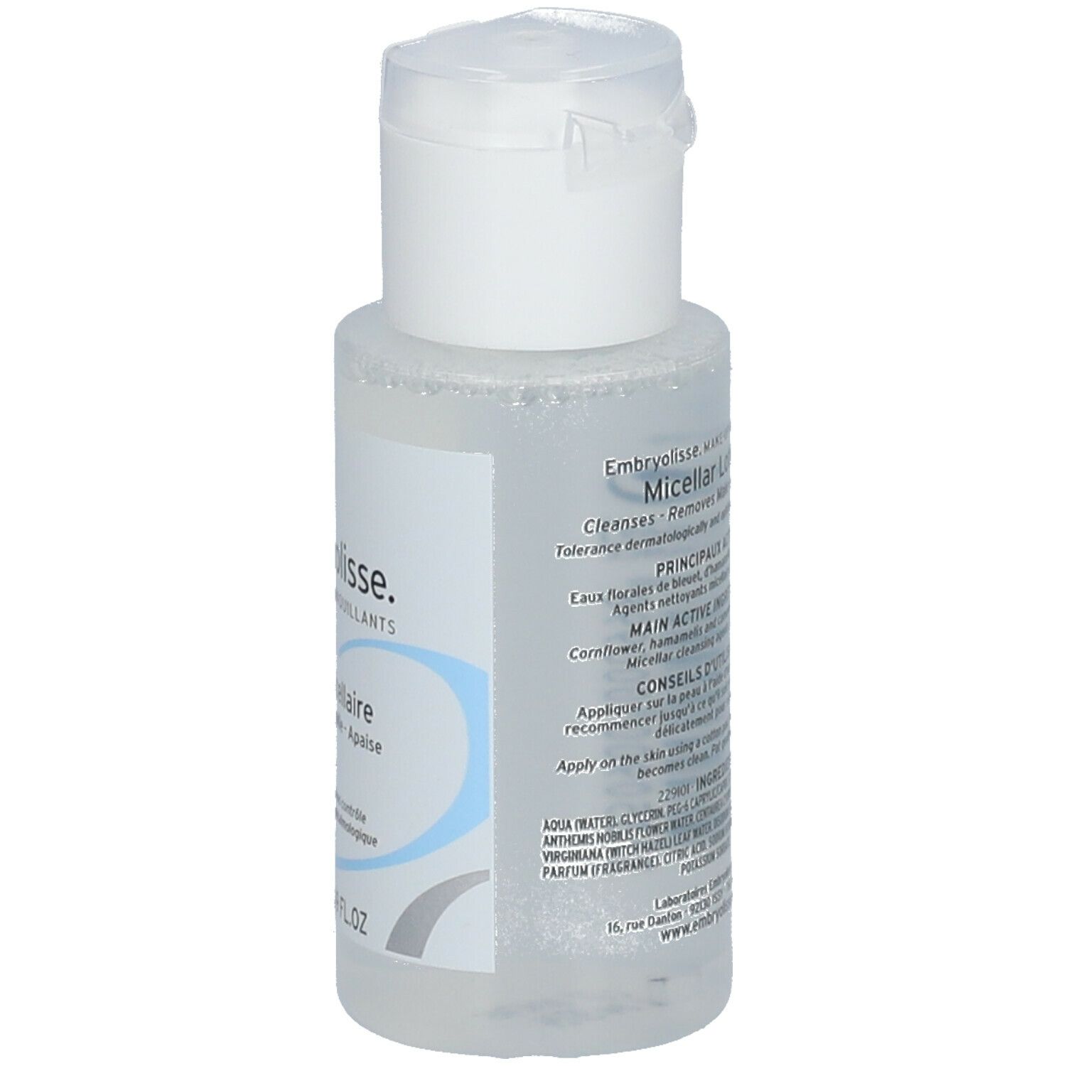 Flacon transparent avec bouchon blanc. Inscription: Embryolisse, Lotion Micellaire. Éléments de design bleus et gris. 50 ml. Ingrédients.