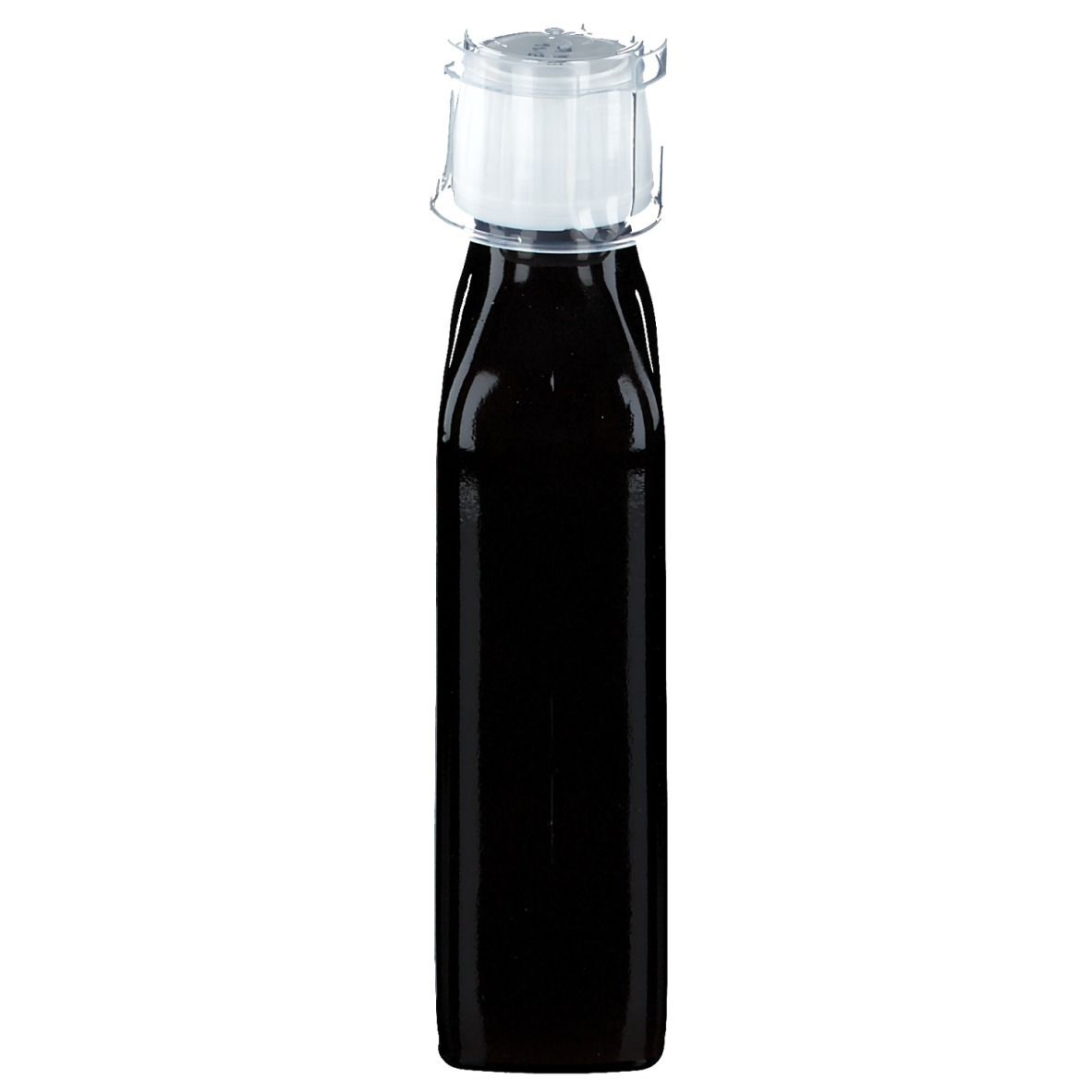 Bouteille de liquide sombre avec bouchon blanc. Forme rectangulaire. Fermeture mécanique.