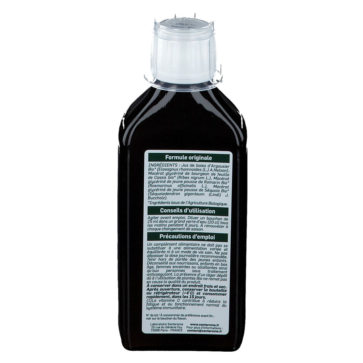 Dos d'une bouteille avec étiquette. Texte en français. Ingrédients, conseils d'utilisation et précautions.