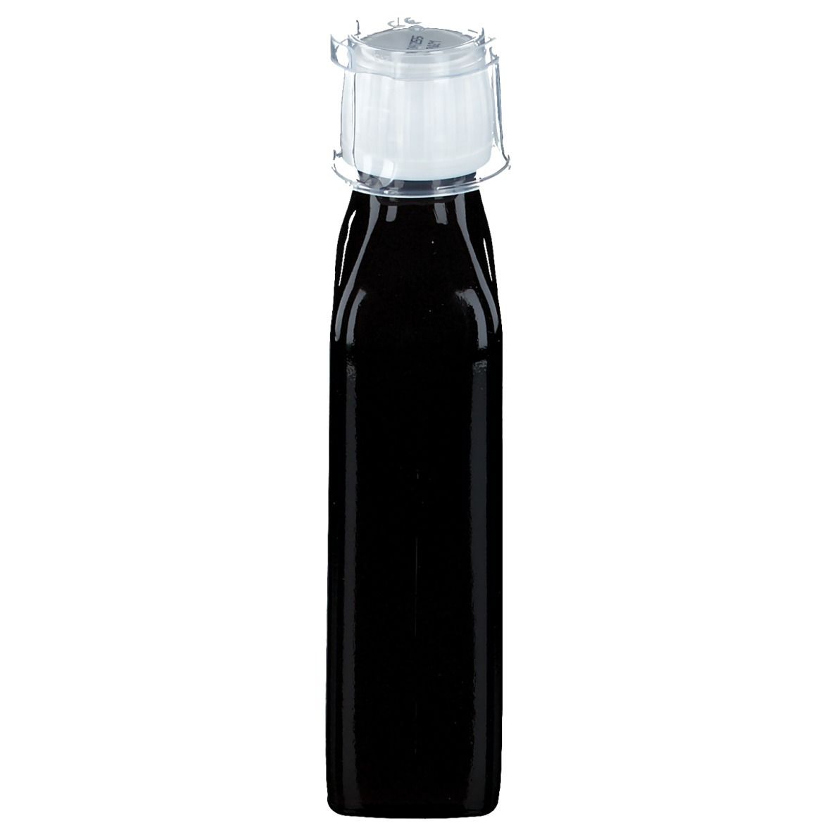 Bouteille de liquide sombre avec bouchon blanc. Forme rectangulaire. Fermeture mécanique.