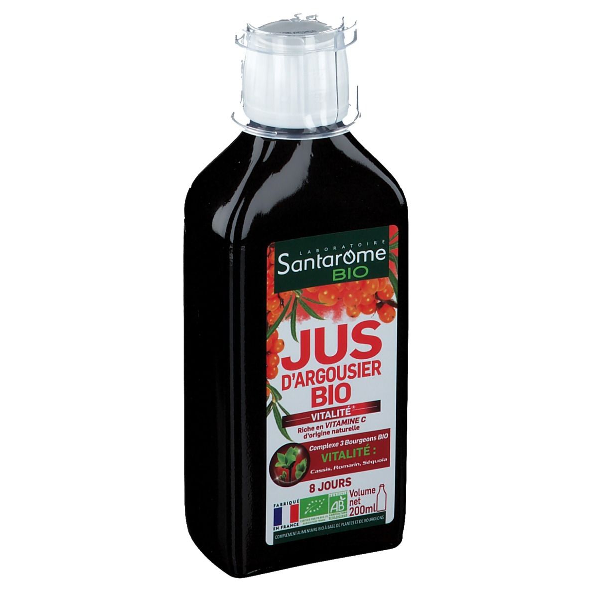 Bouteille de liquide sombre. Étiquette avec nom du produit, indication vitalité et vitamine C. Drapeau français.
