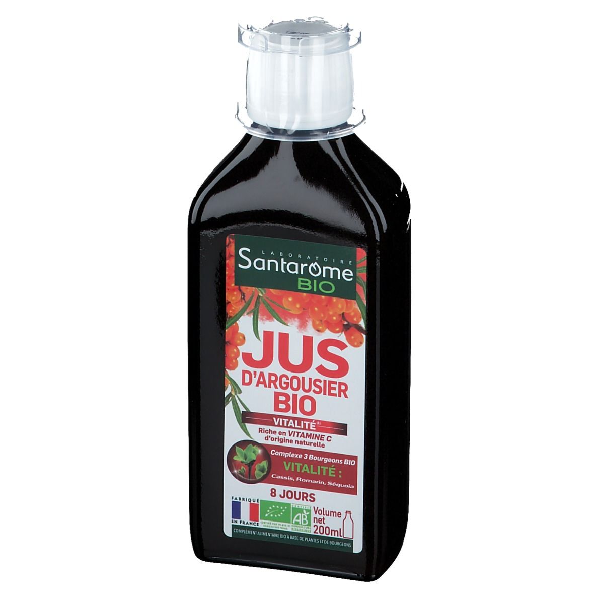 Bouteille de liquide sombre. Étiquette avec nom du produit, indication vitalité et vitamine C. Drapeau français.