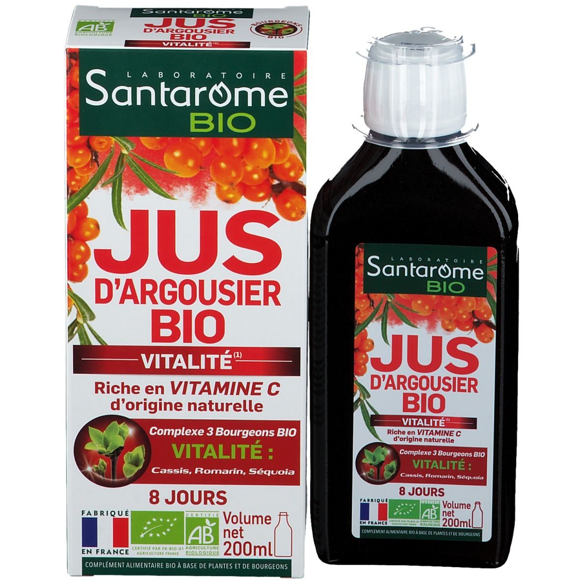 Bouteille et emballage du produit. Étiquette avec nom du produit, indication vitalité et vitamine C. Drapeau français.