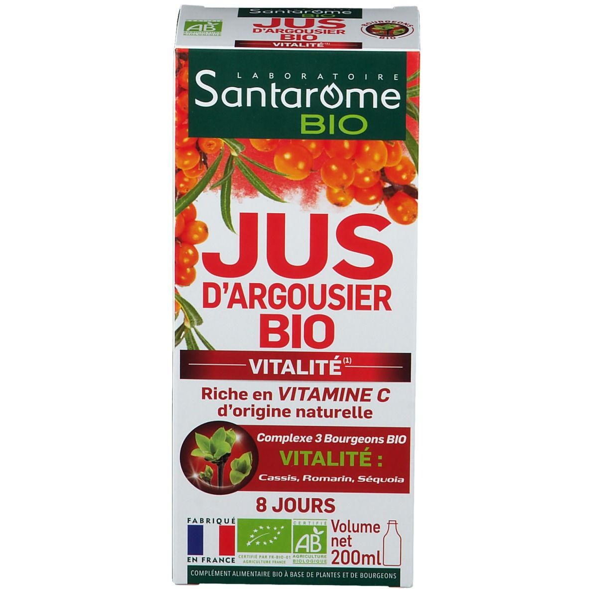 Emballage du produit. Étiquette avec nom du produit, indication vitalité et vitamine C. Drapeau français.