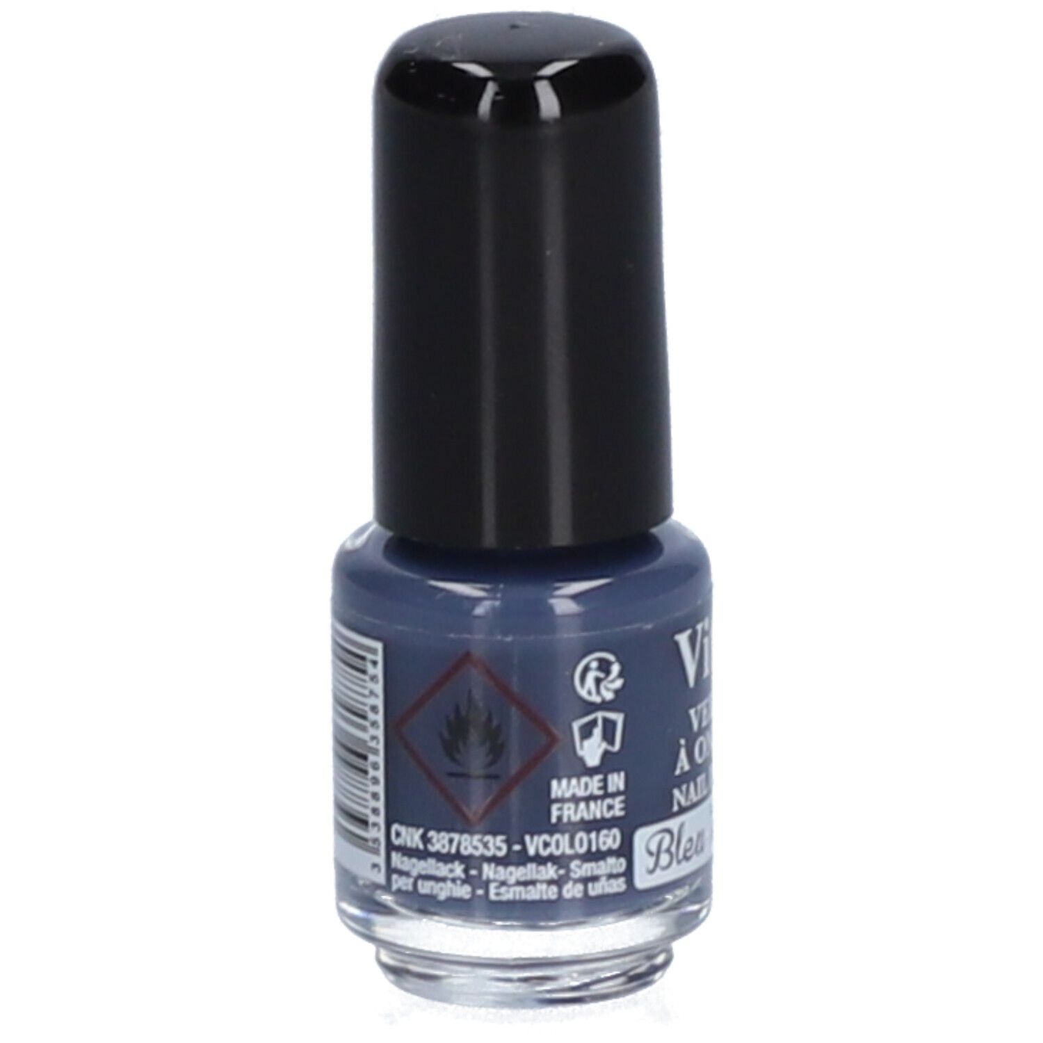 Flacon de vernis à ongles bleu avec bouchon noir. Inscriptions: Vitry, Vernis à Ongles, Nail Polish, Bleu Minéral. Avertissements.
