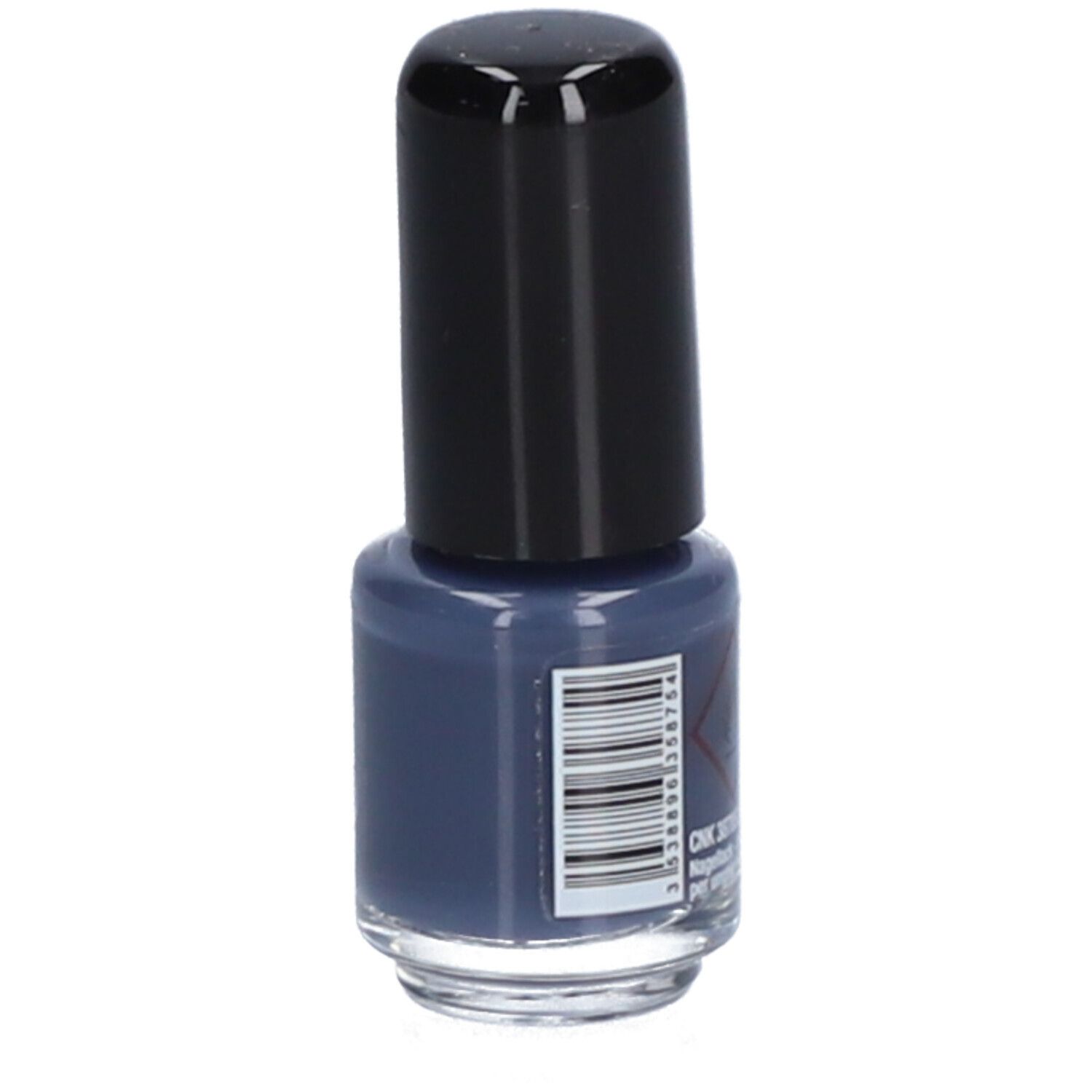 Flacon de vernis à ongles bleu avec bouchon noir. Code-barres au dos. Aucun autre détail visible.