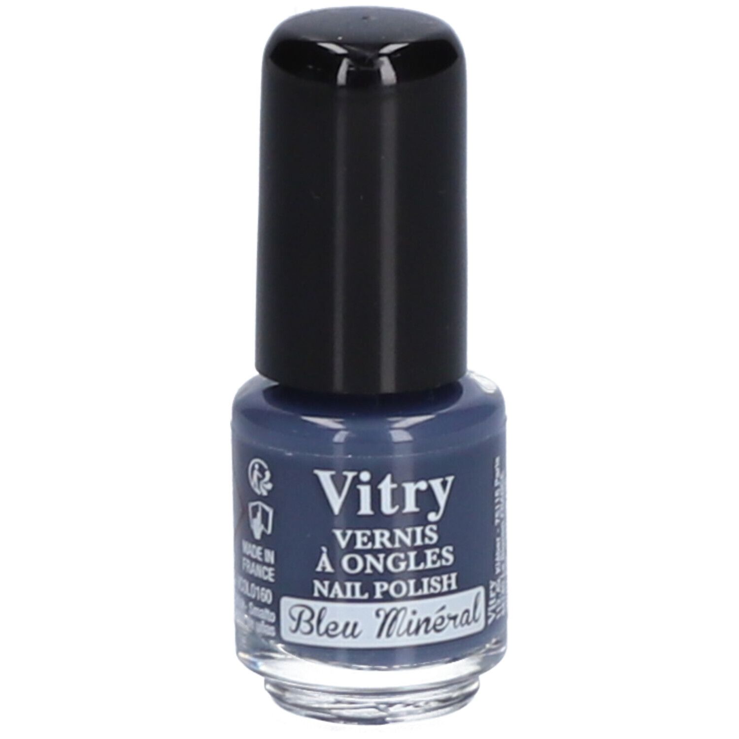 Flacon de vernis à ongles bleu avec bouchon noir. Inscriptions: Vitry, Vernis à Ongles, Nail Polish, Bleu Minéral. Pays d'origine.