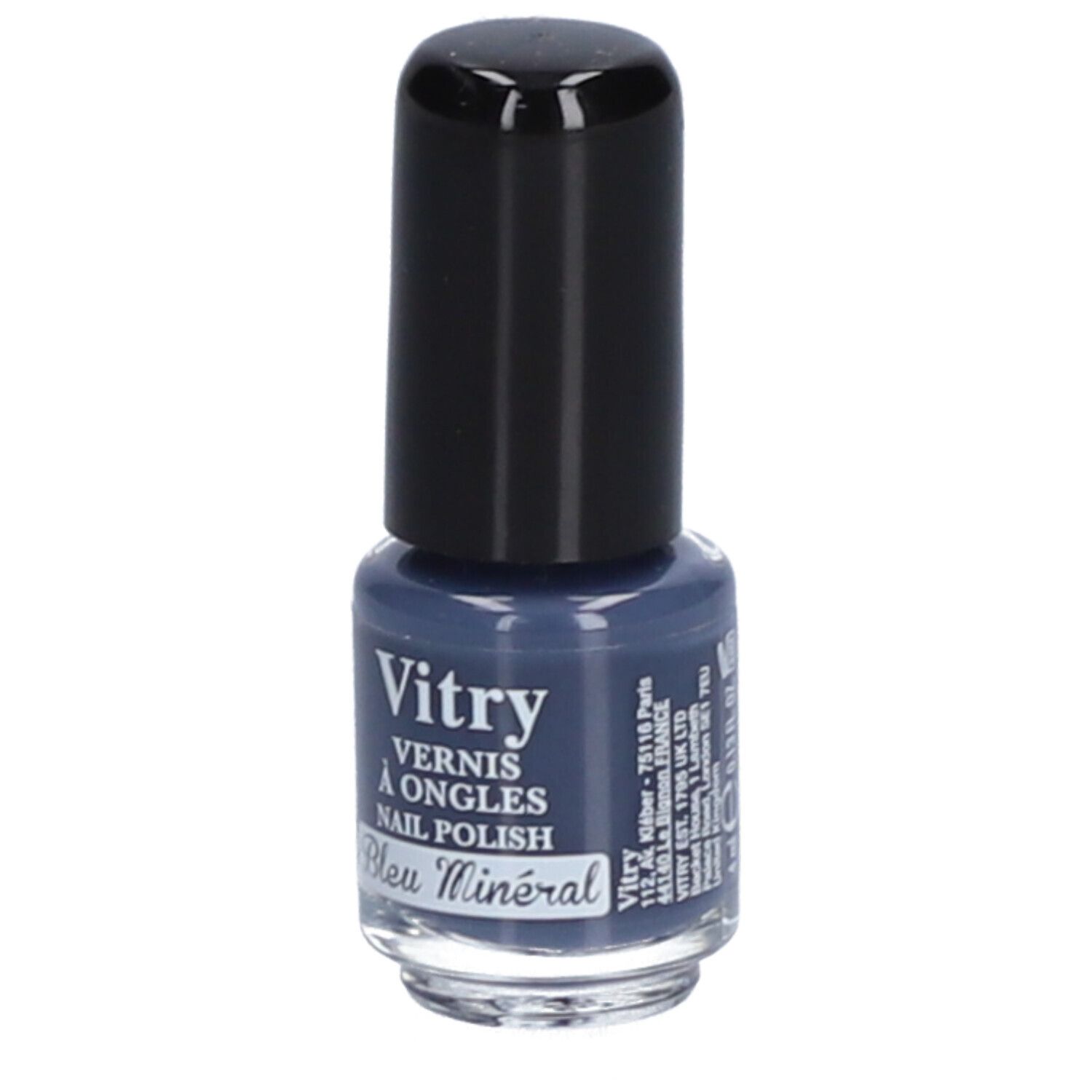 Flacon de vernis à ongles bleu avec bouchon noir. Inscriptions: Vitry, Vernis à Ongles, Nail Polish, Bleu Minéral. Informations fabricant.