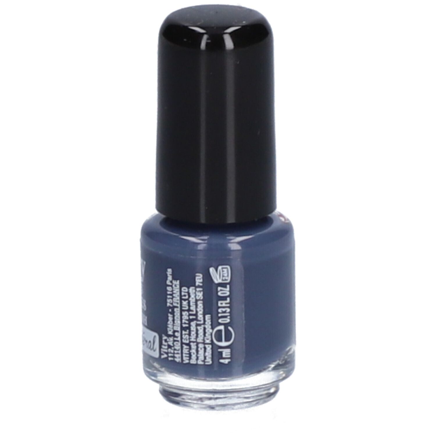 Flacon de vernis à ongles bleu avec bouchon noir. Inscriptions: Vitry, Vernis à Ongles, Nail Polish, Bleu Minéral. Volume: 4 ml.