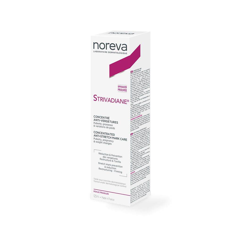 Kartonverpackung mit Produktnamen Strivadiane®. Text: Concentré Anti-Vergetures. Marke: Noreva. Inschrift: Peaux fragiles.