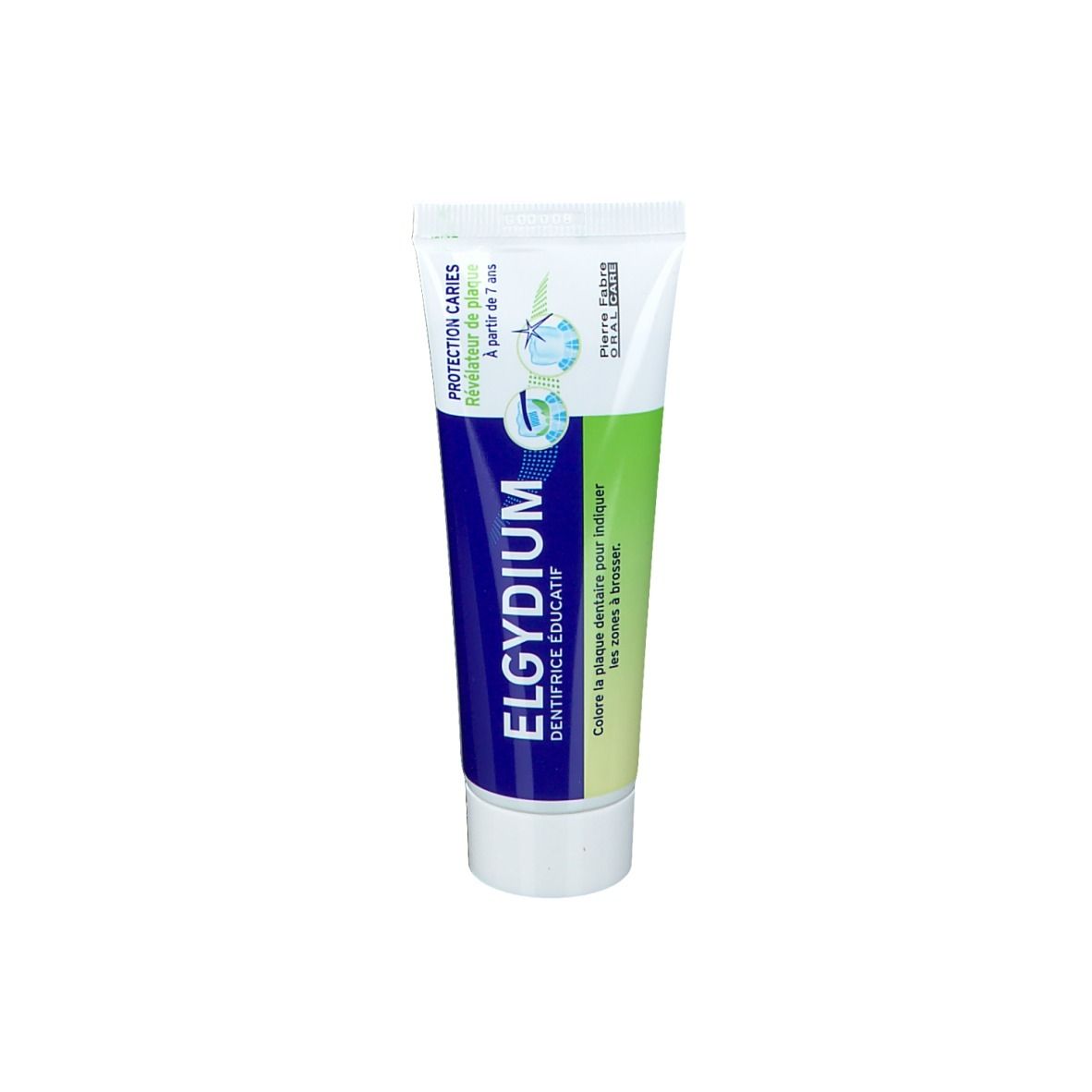 Tube de dentifrice ELGYDIUM, design bleu et vert. Texte: Protection Caries, à partir de 7 ans.