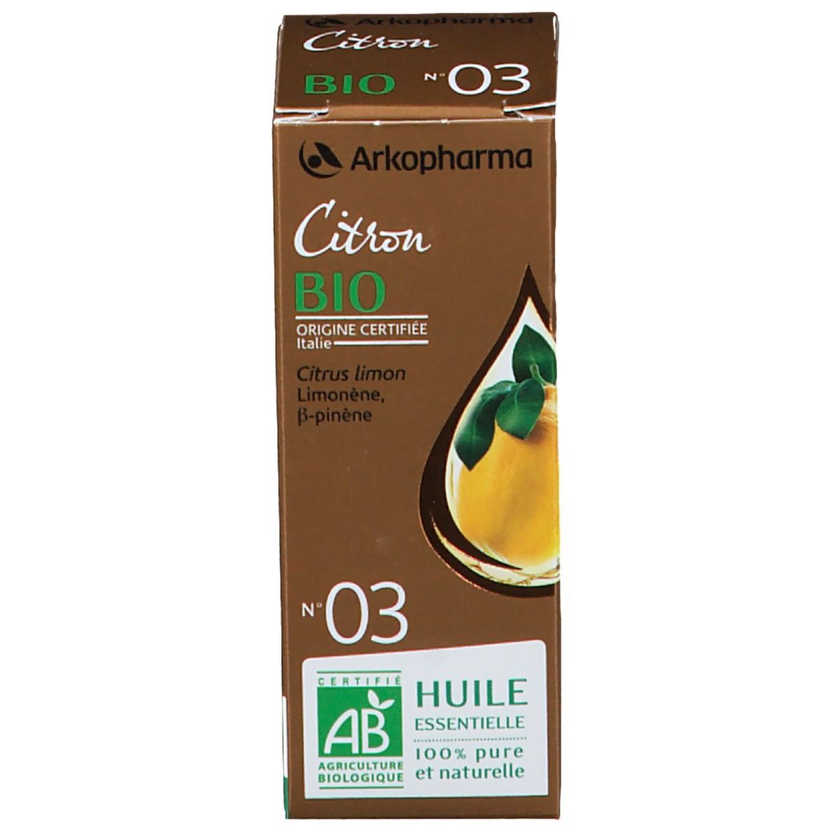 Karton mit "Citron BIO" und "Huile Essentielle". Logo für biologische Landwirtschaft.