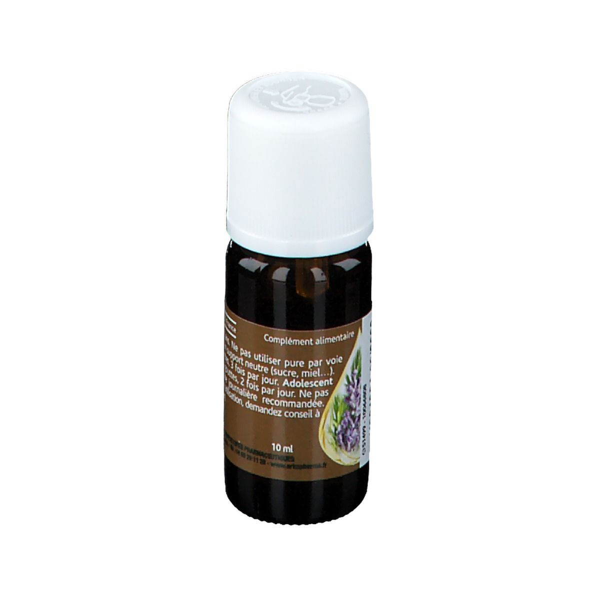 Braune Glasflasche mit weißem Deckel. Aufschrift: Lavande Fine BIO N°19, Huile Essentielle. 10 ml. Ergänzungsmittel.