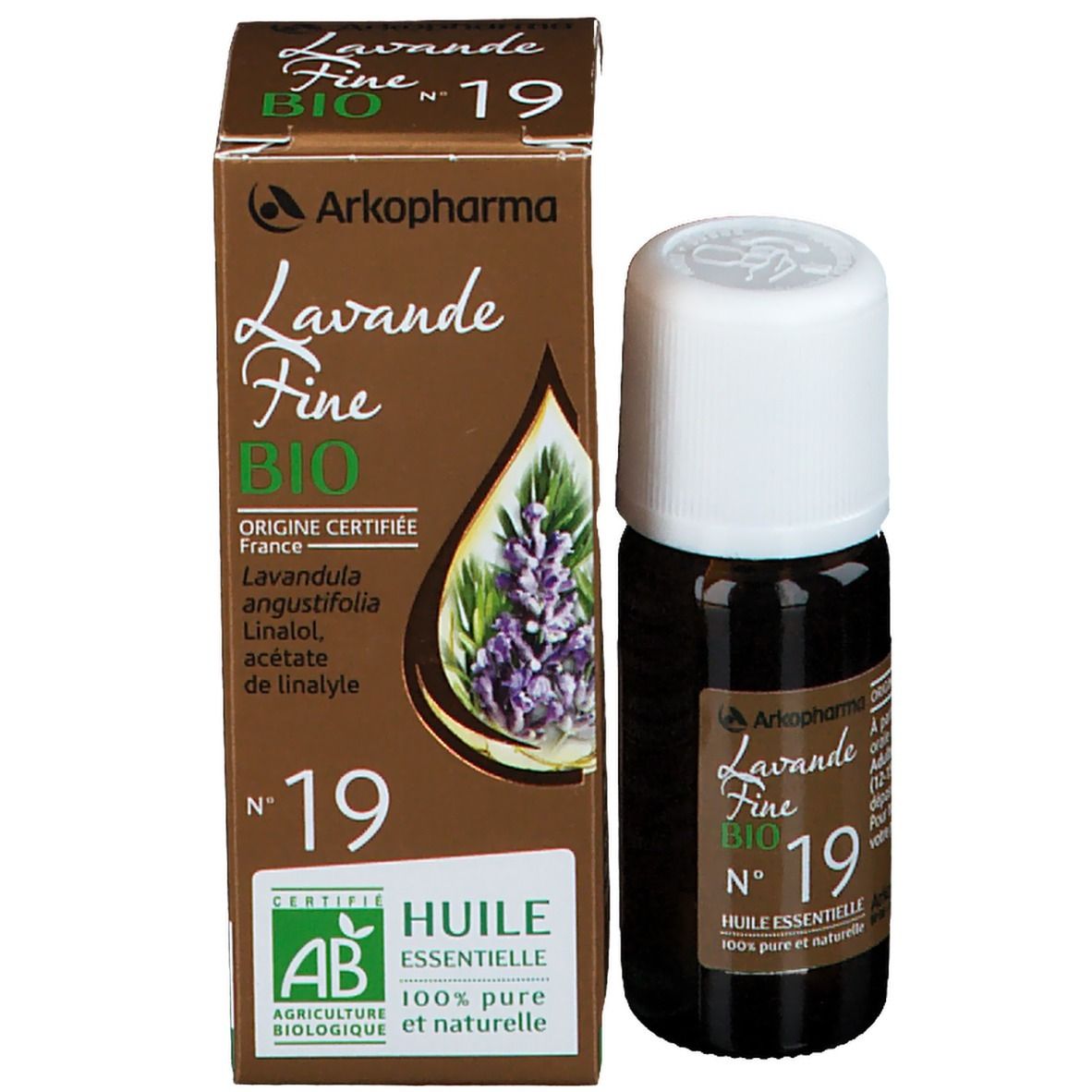 Produktverpackung und Flasche. Aufschrift: Lavande Fine BIO N°19, Huile Essentielle. Zertifizierung AB.