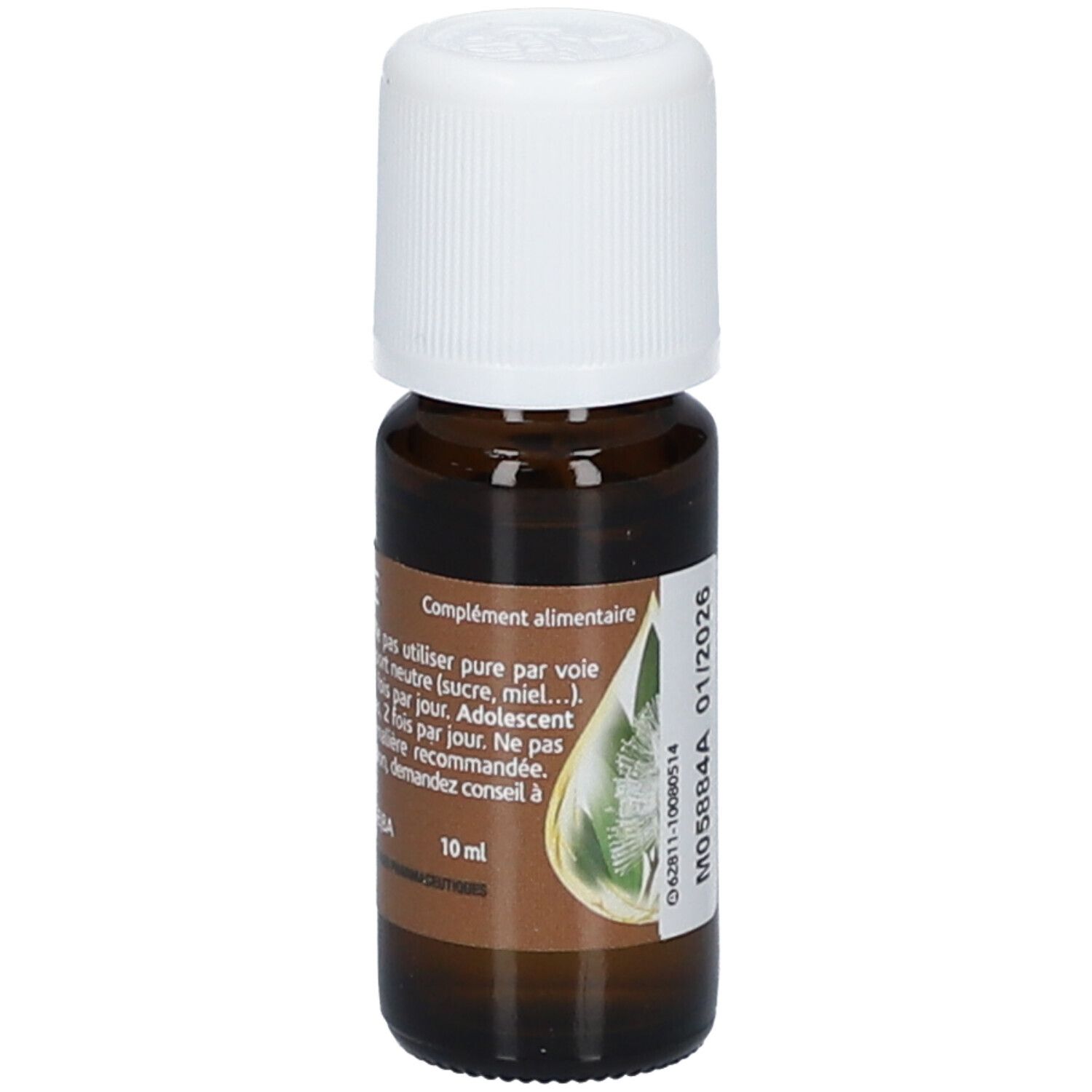 Flacon en verre brun avec bouchon blanc. Étiquette avec texte. Marque : Arko Pharma. Complément alimentaire. 10 ml.