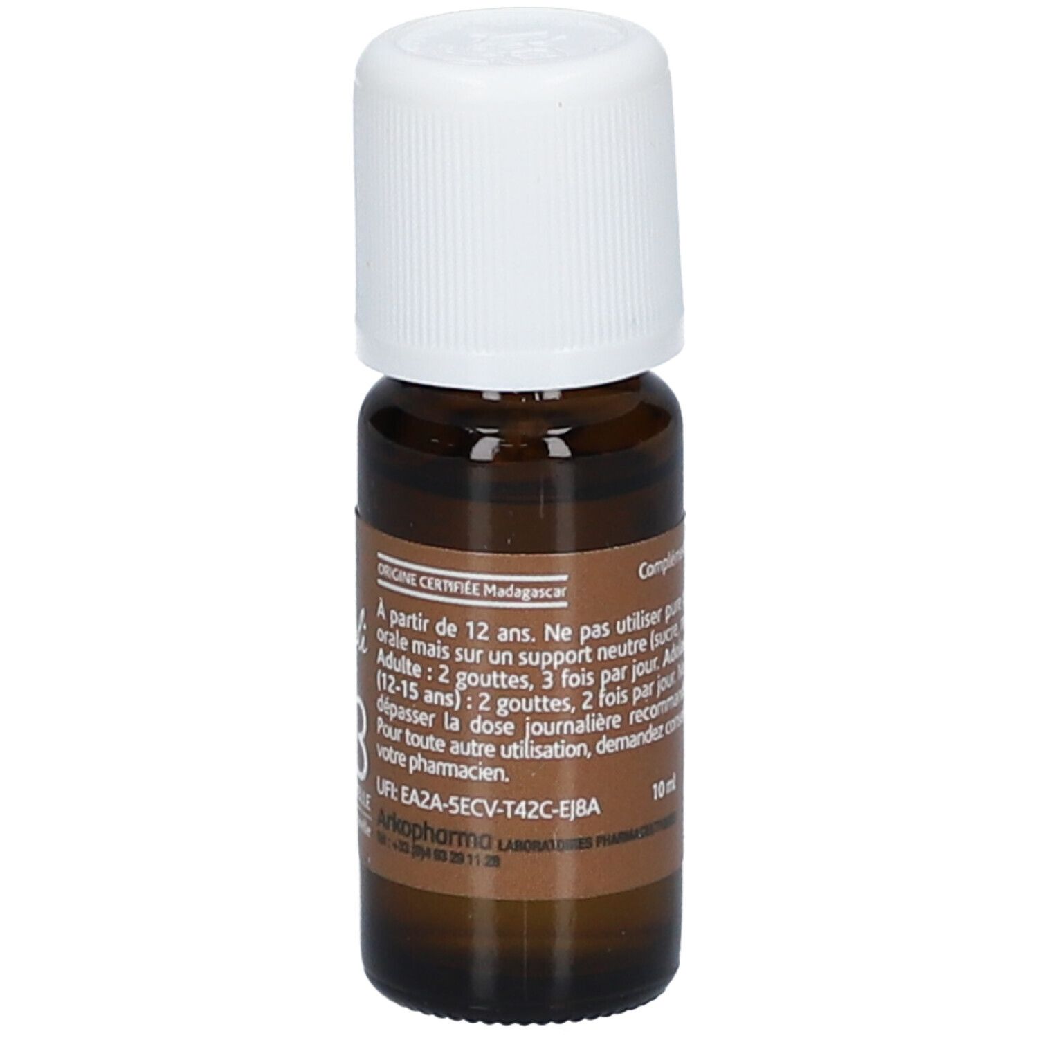Flacon en verre brun avec bouchon blanc. Étiquette avec texte. Marque : Arko Pharma. 10 ml. Origine Madagascar.