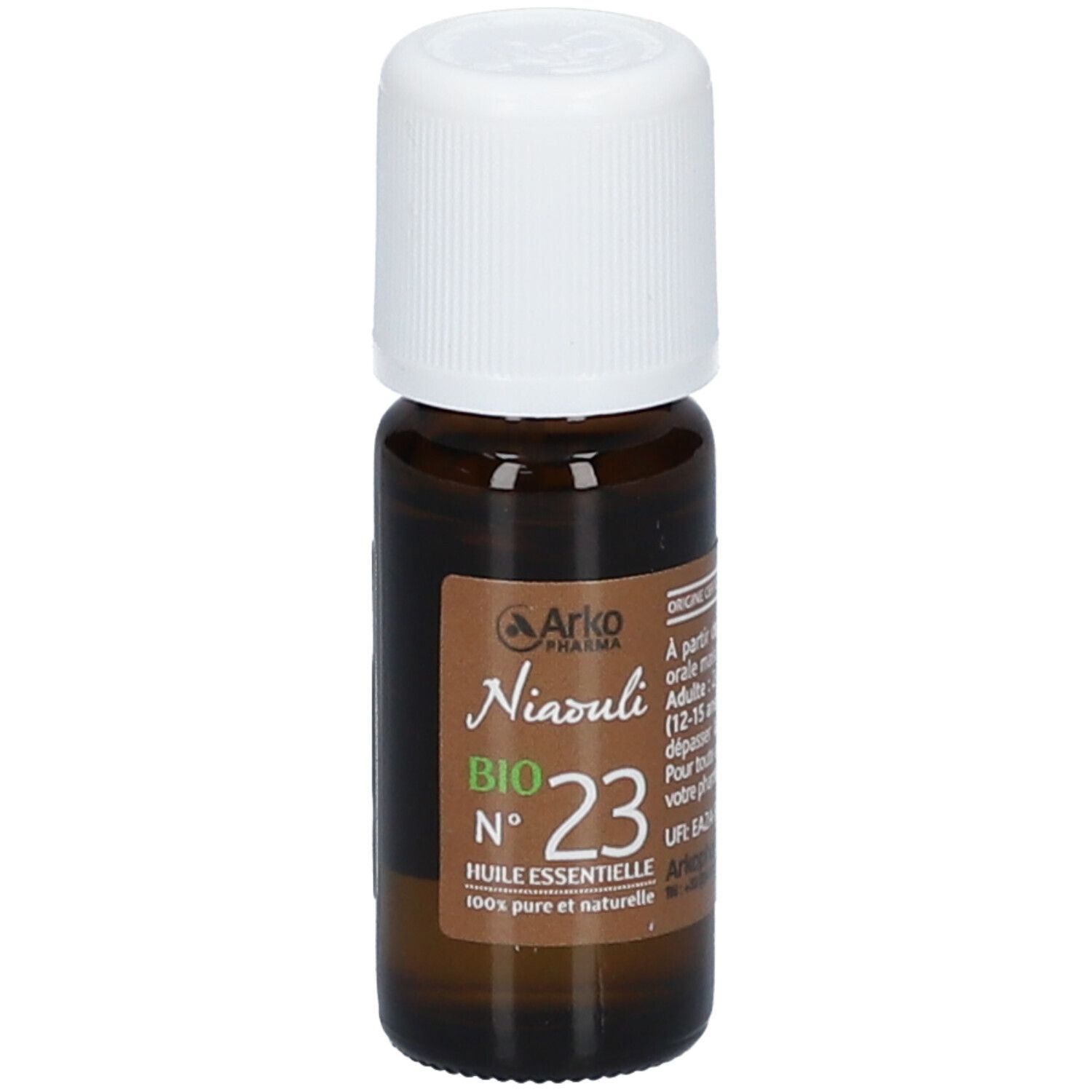 Flacon en verre brun avec bouchon blanc. Étiquette : Niaouli BIO N°23, Huile essentielle. Marque : Arko Pharma.