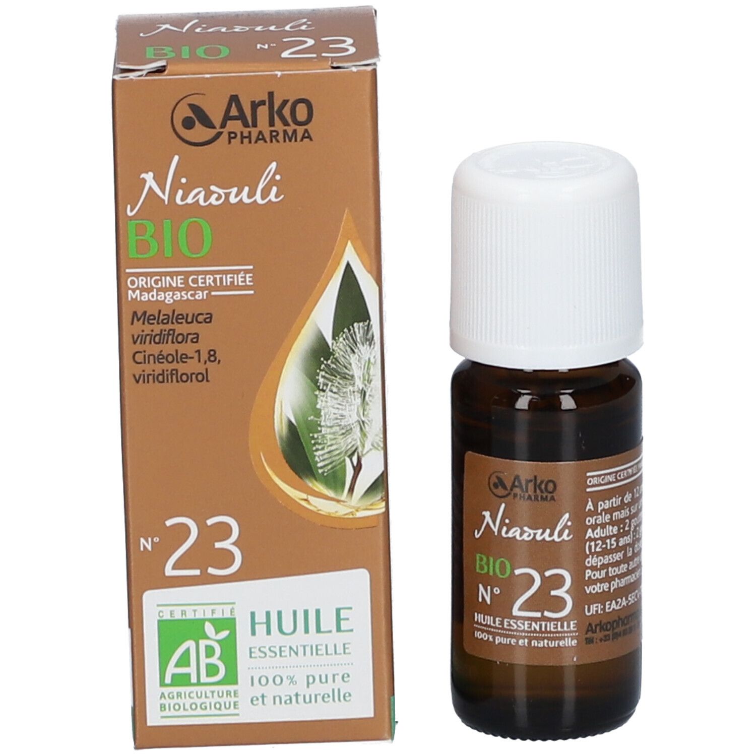 Boîte et flacon bruns. Boîte avec texte : Niaouli BIO N°23, Huile essentielle. Marque : Arko Pharma. Sceau AB.