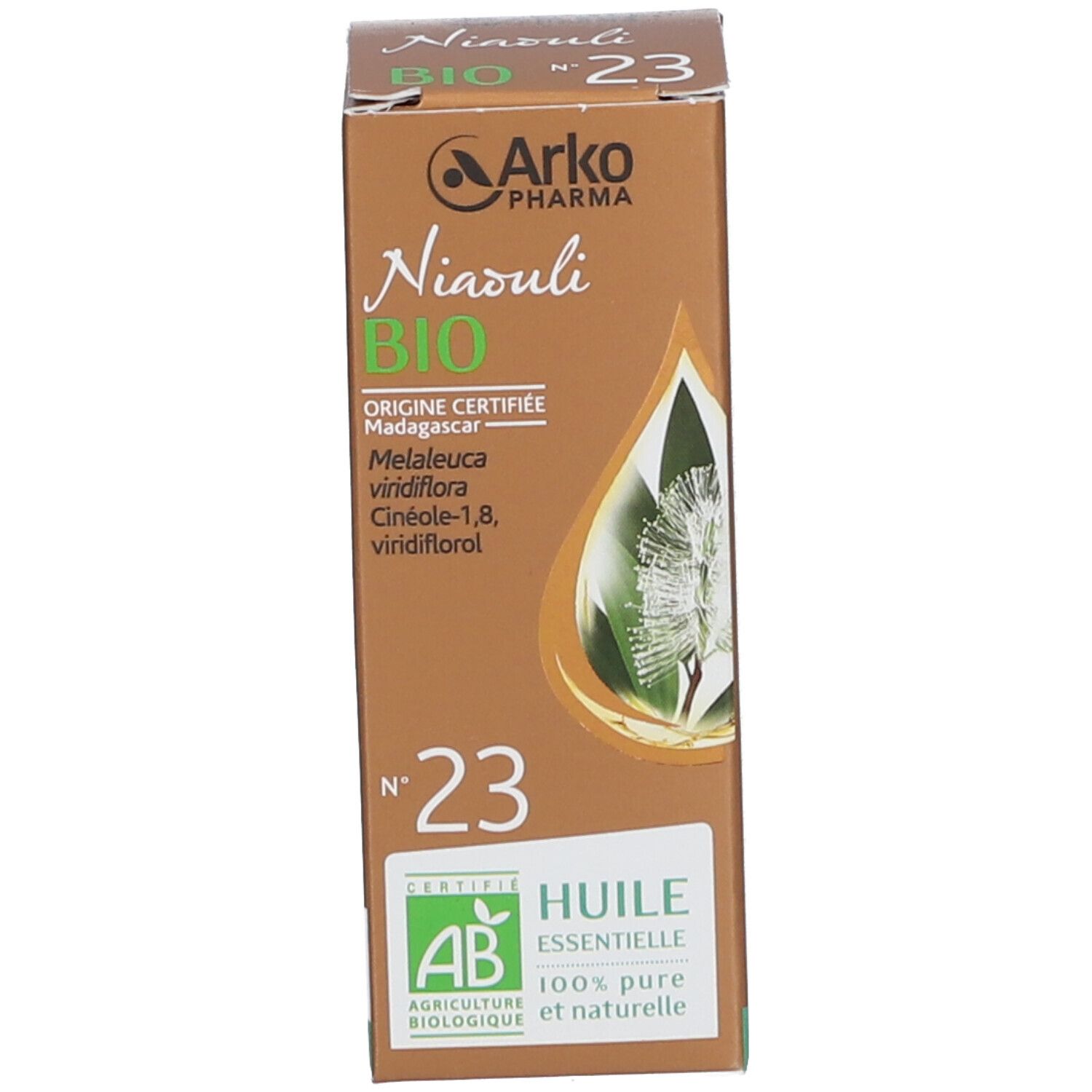 Boîte brune avec texte : Niaouli BIO N°23, Huile essentielle. Marque : Arko Pharma. Sceau AB. Origine Madagascar.