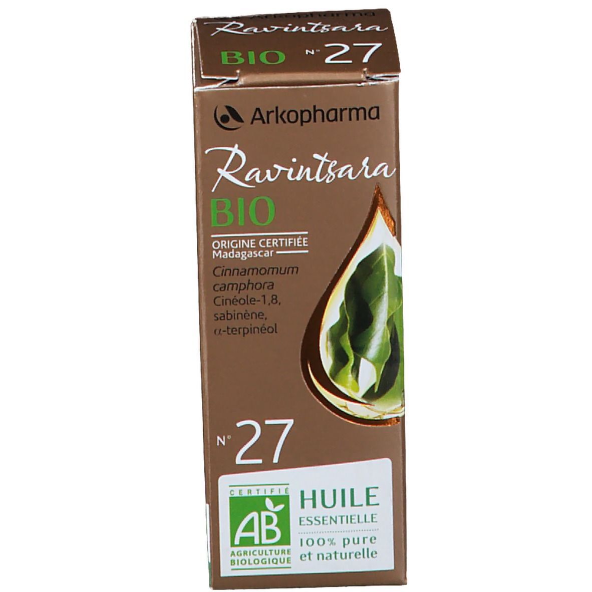 Kartonverpackung und braune Glasflasche. Aufschrift: Arkopharma Ravintsara BIO, Nr. 27. Zertifizierung: AB.