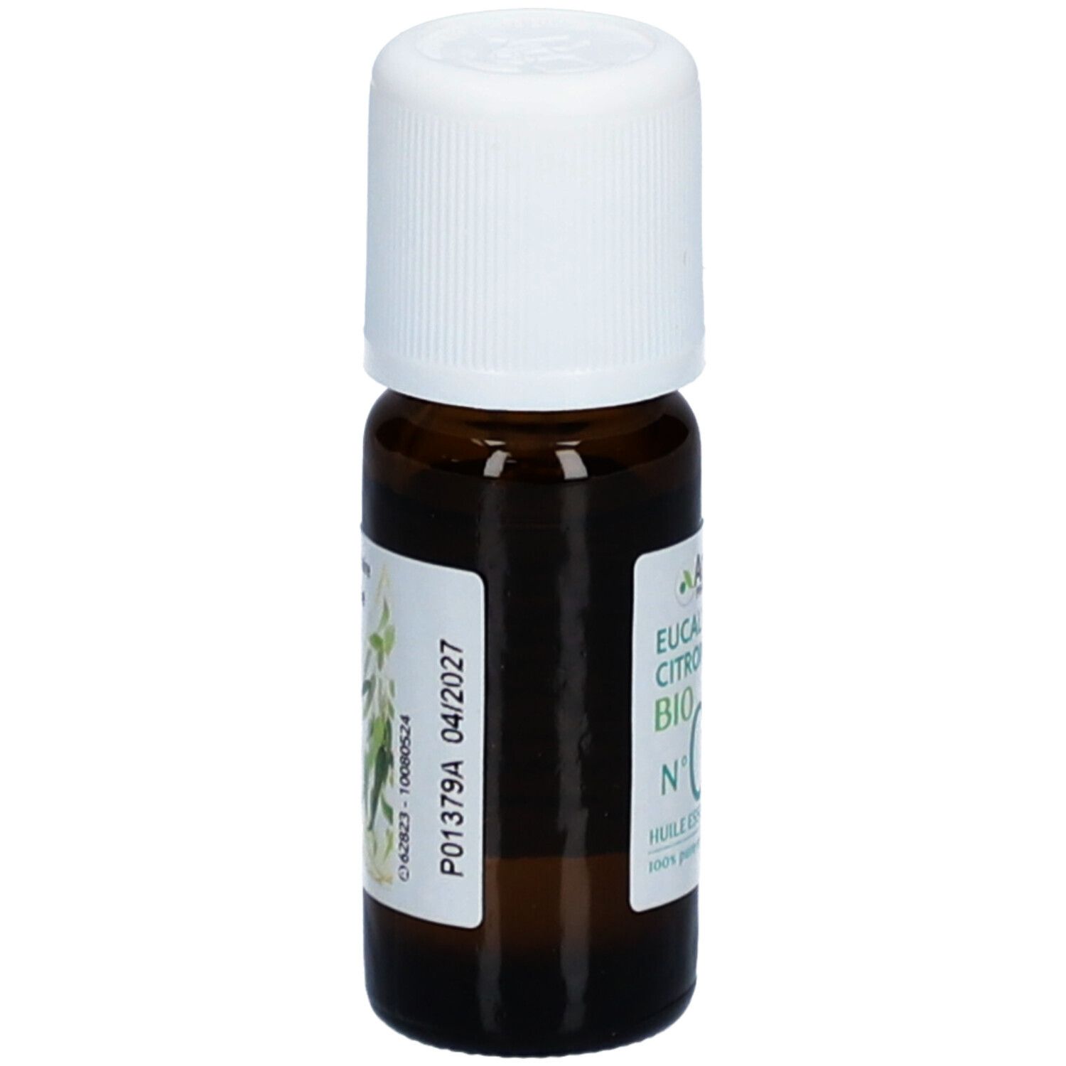 Flacon en verre brun avec bouchon blanc. Étiquette avec texte: Arko Pharma, Eucalyptus Citronné Bio, Huile Essentielle. Numéro de lot.