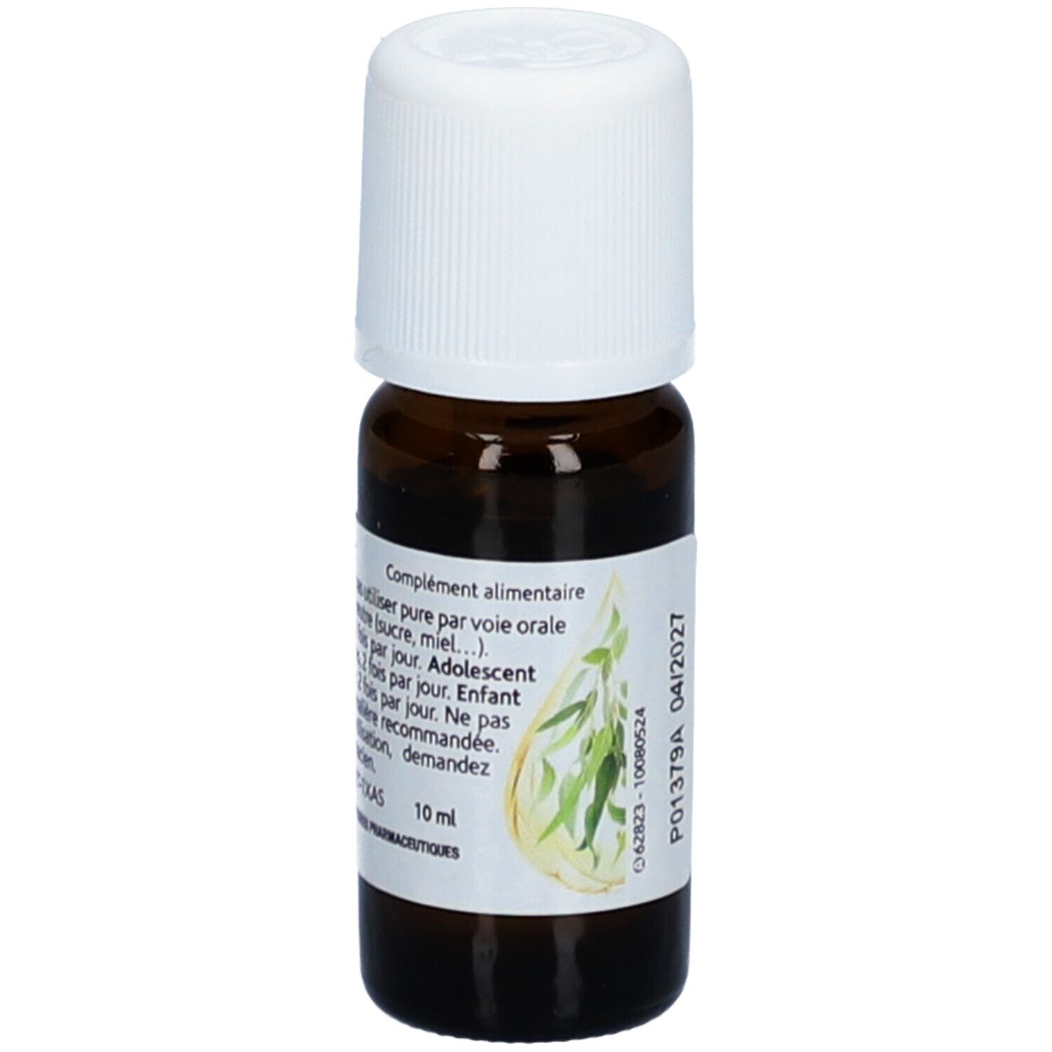 Flacon en verre brun avec bouchon blanc. Étiquette avec texte: Arko Pharma, Eucalyptus Citronné Bio, Huile Essentielle. 10 ml.