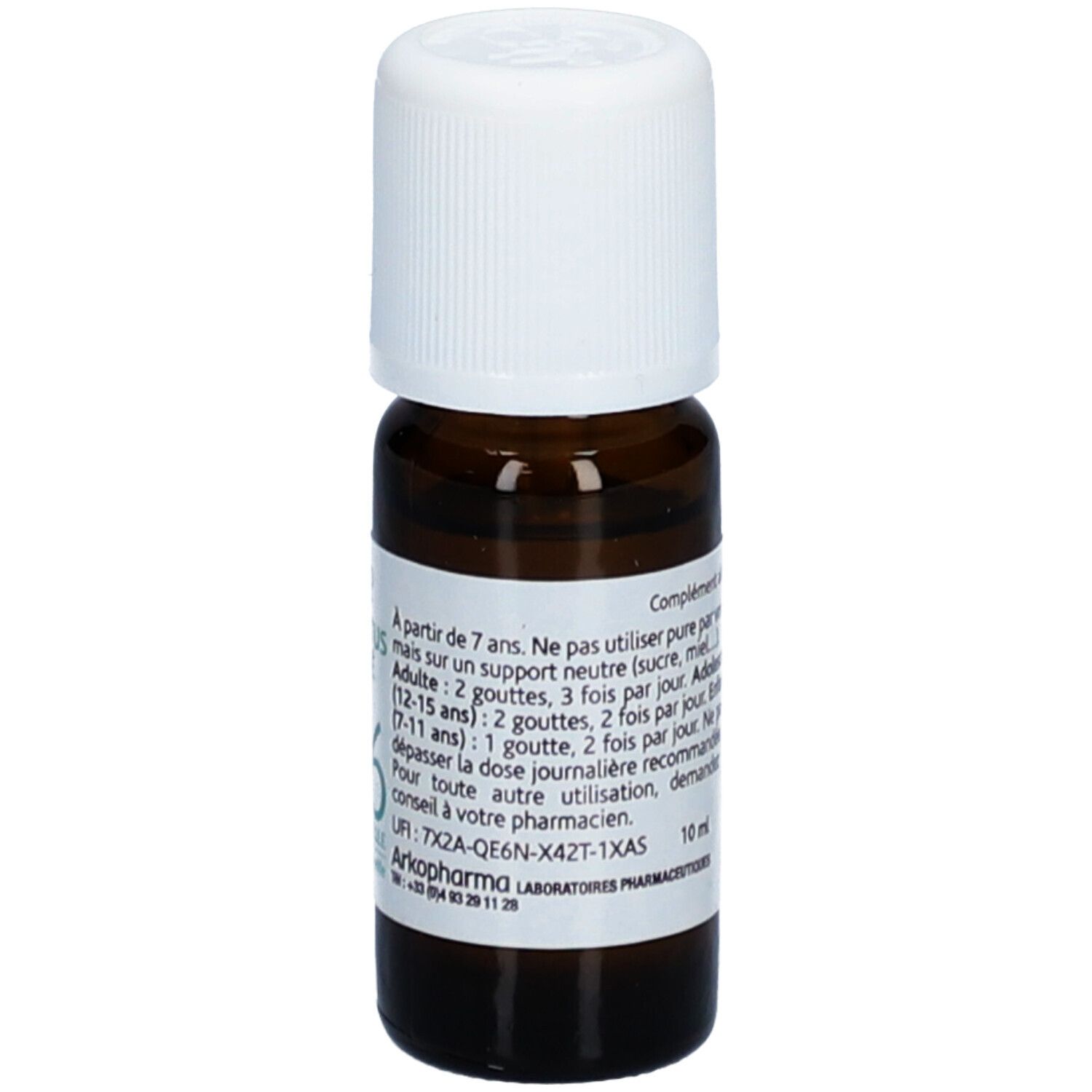 Flacon en verre brun avec bouchon blanc. Étiquette avec texte: Arko Pharma, Eucalyptus Citronné Bio, Huile Essentielle. 10 ml.