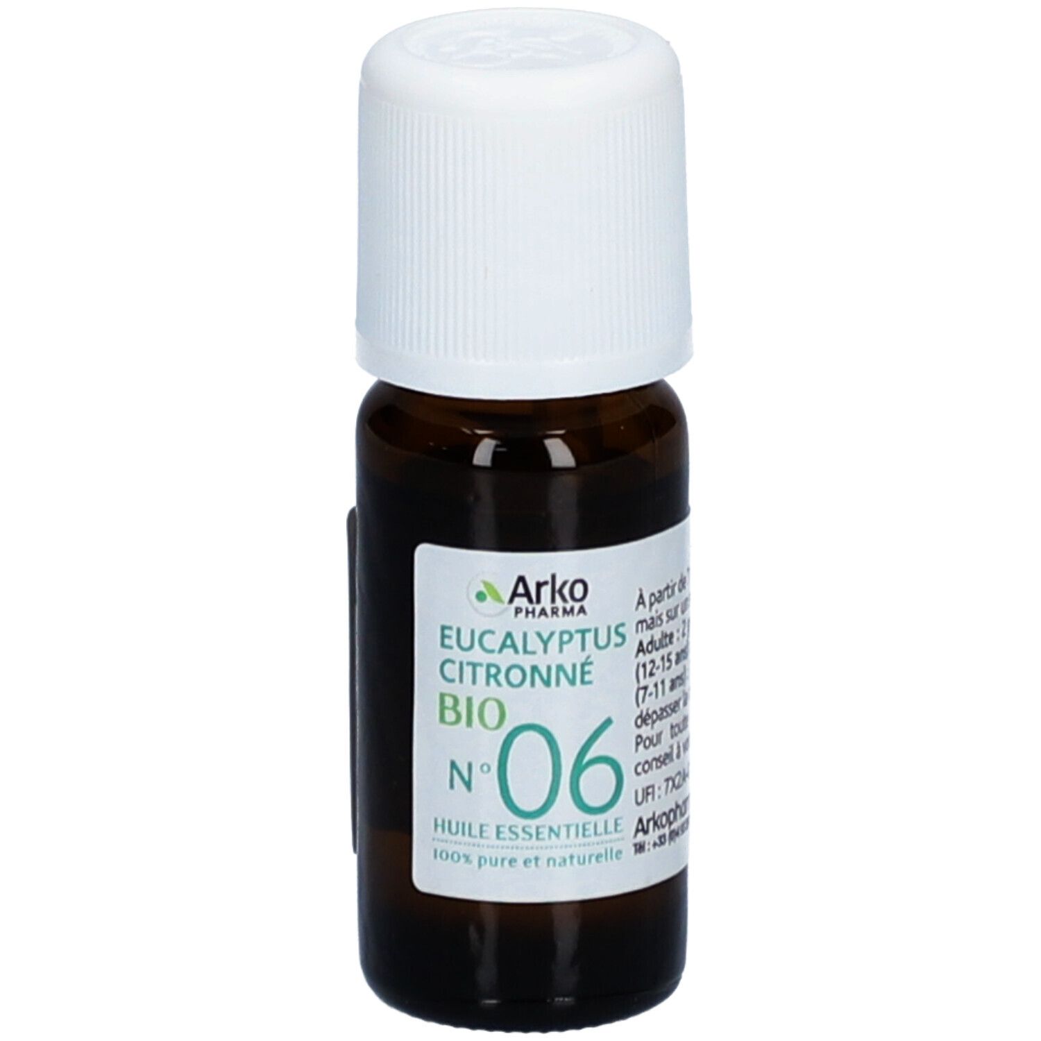 Flacon en verre brun avec bouchon blanc. Étiquette avec texte: Arko Pharma, Eucalyptus Citronné Bio, Huile Essentielle, N° 06.