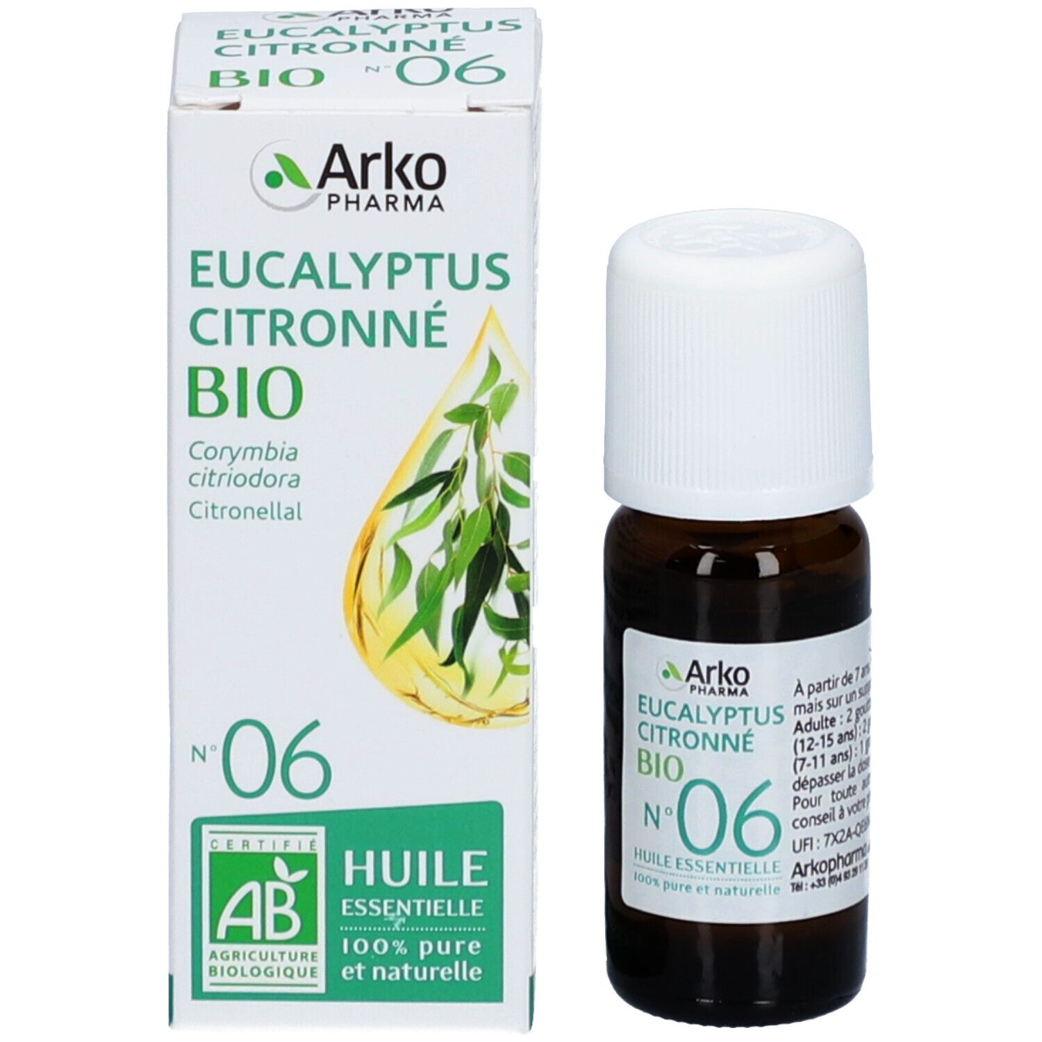 Emballage et flacon. Emballage avec texte: Arko Pharma, Eucalyptus Citronné Bio, N° 06. Flacon avec bouchon blanc.