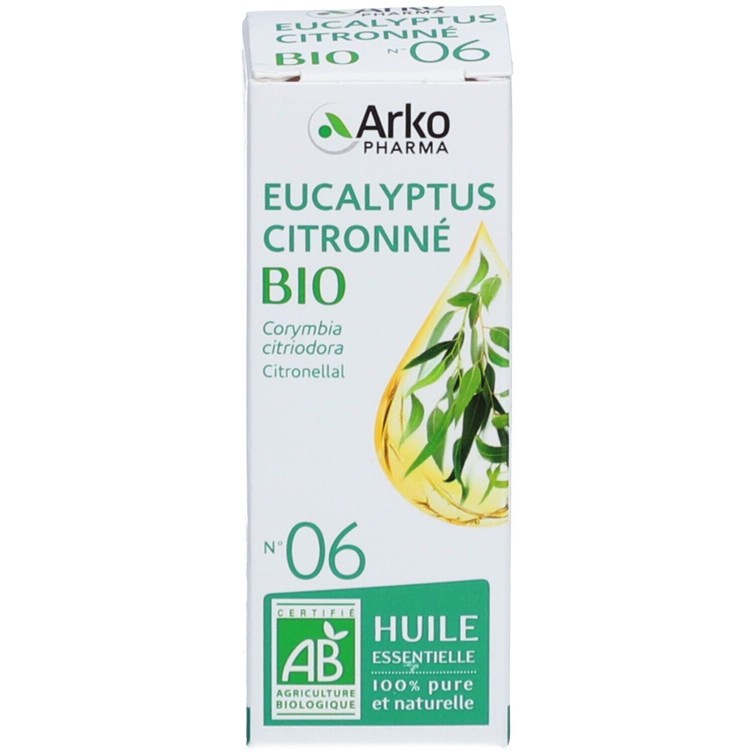Emballage du produit. Emballage avec texte: Arko Pharma, Eucalyptus Citronné Bio, N° 06. Certification AB.