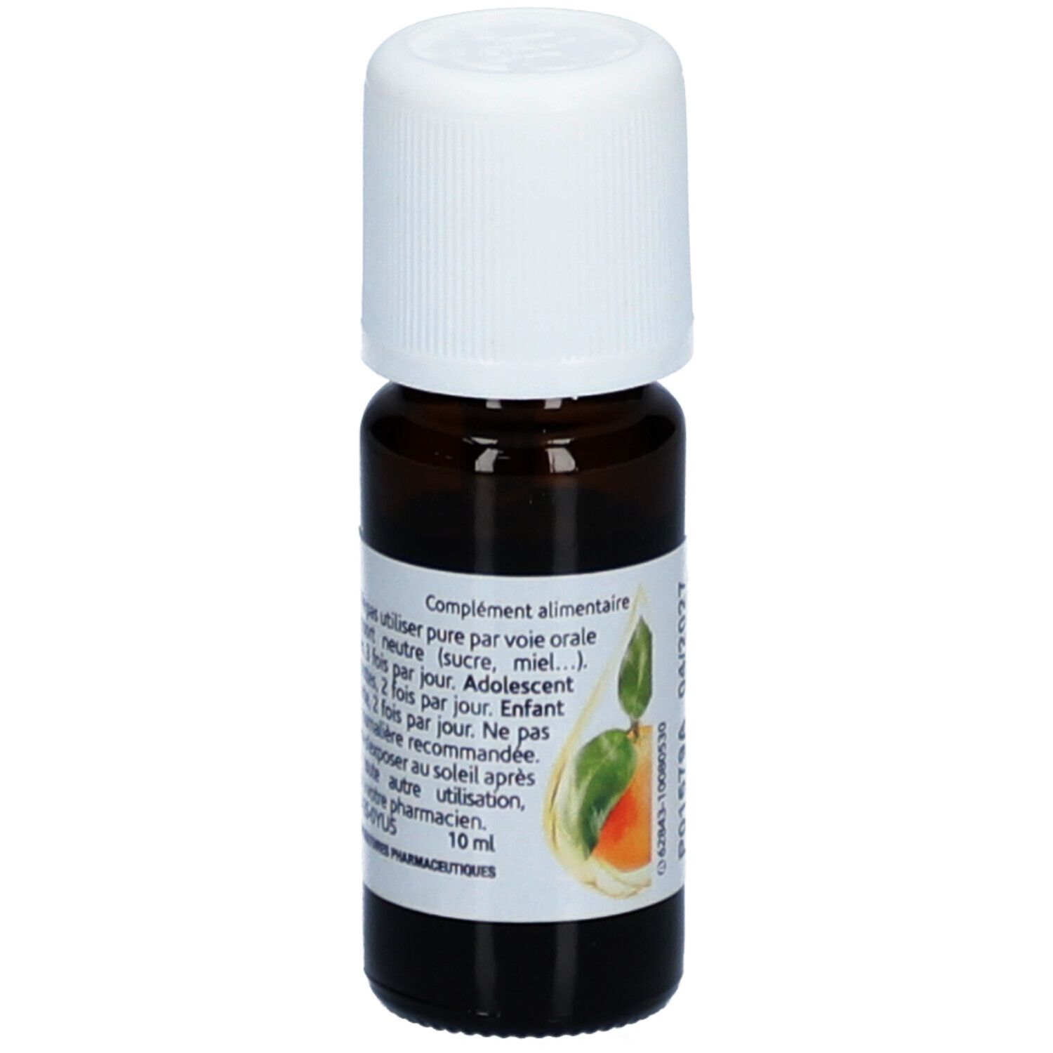Flacon en verre brun avec bouchon blanc. Étiquette avec informations produit, dont 10 ml et conseils d'utilisation.