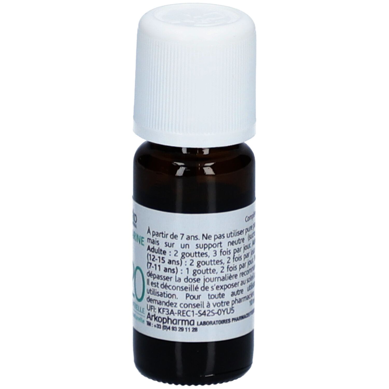 Flacon en verre brun avec bouchon blanc. Étiquette avec informations produit, instructions de dosage pour enfants et adultes.
