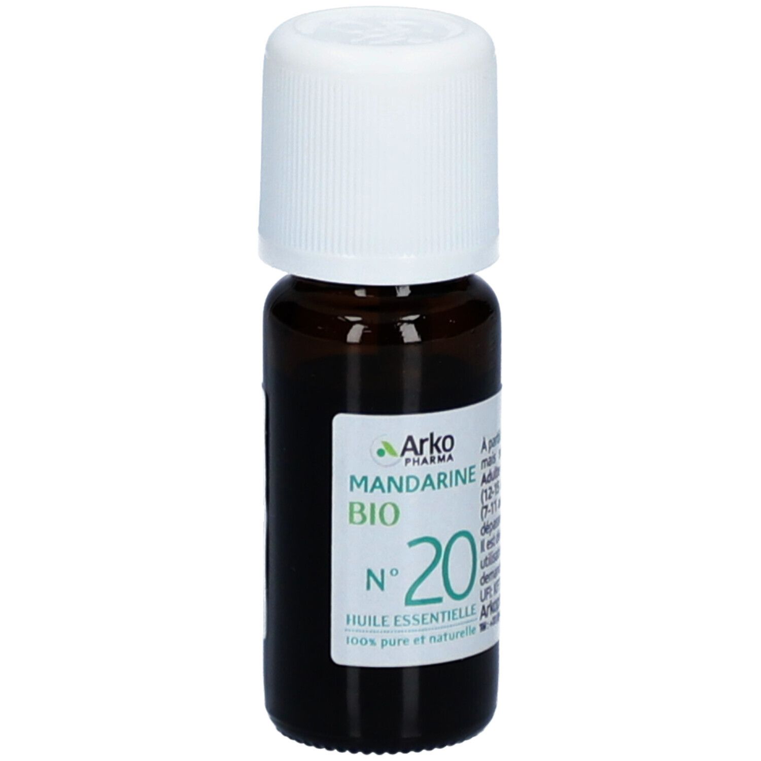 Flacon en verre brun avec bouchon blanc. Étiquette avec informations produit : Mandarine BIO N°20, Arko Pharma.