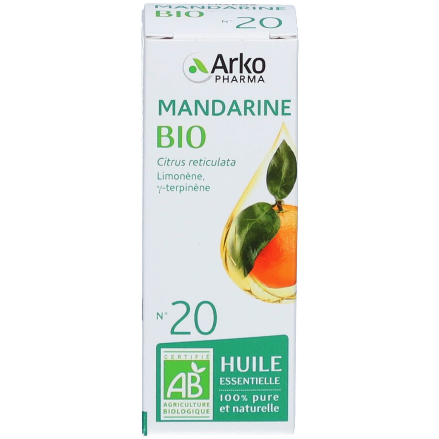 Emballage du produit. Boîte blanche avec nom du produit, logo, certification et illustration de mandarine.