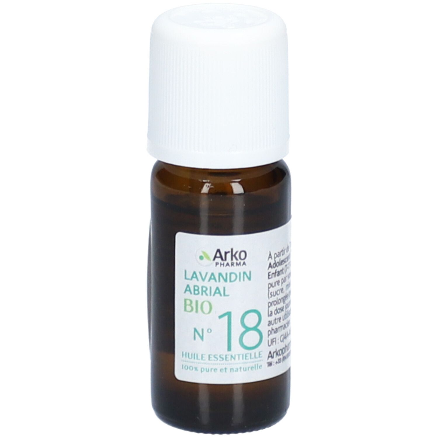 Bruine glazen fles met witte dop. Etiket met tekst: Lavandin Abrial Bio, Nr. 18. Merk: Arko Pharma.