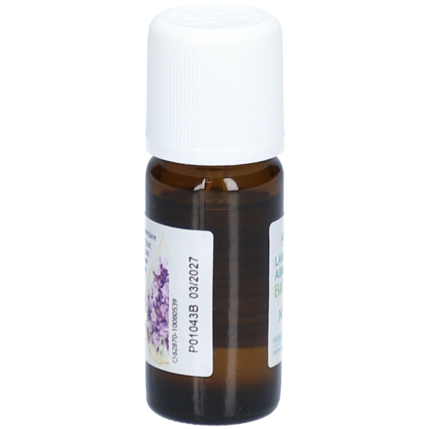 Bruine glazen fles met witte dop. Etiket met tekst en datum 03/2027. Illustratie van lavendelbloemen.