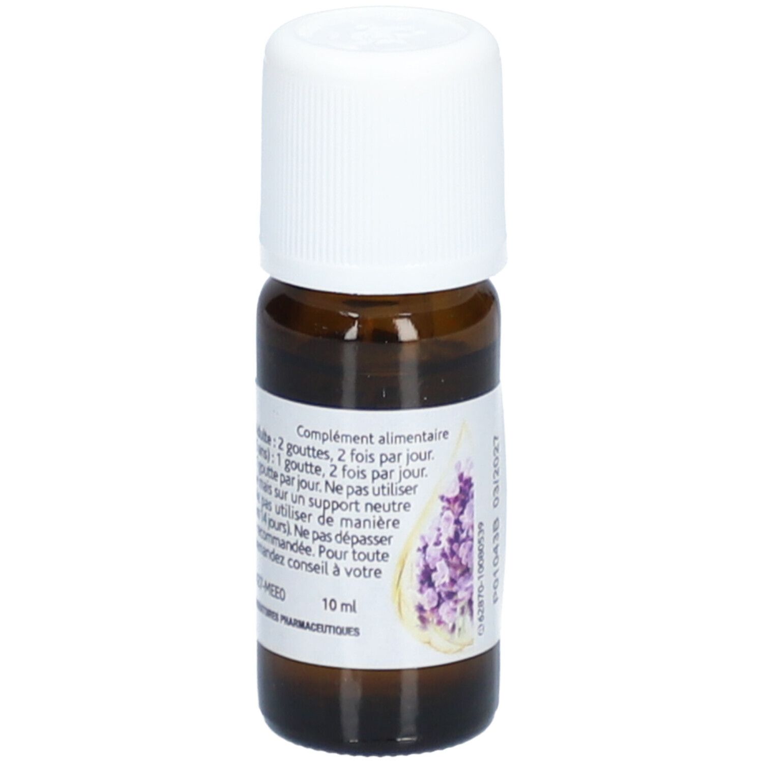 Bruine glazen fles met witte dop. Etiket met tekst: Voedingssupplement. Illustratie van lavendelbloemen.