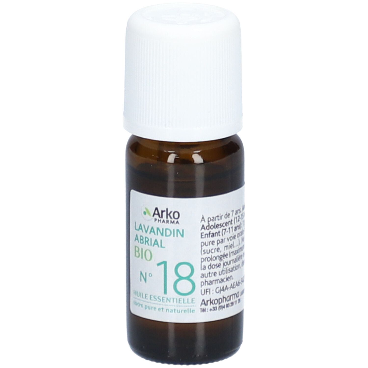 Bruine glazen fles met witte dop. Etiket met tekst: Lavandin Abrial Bio, Nr. 18. Merk: Arko Pharma. 100% puur en natuurlijk.
