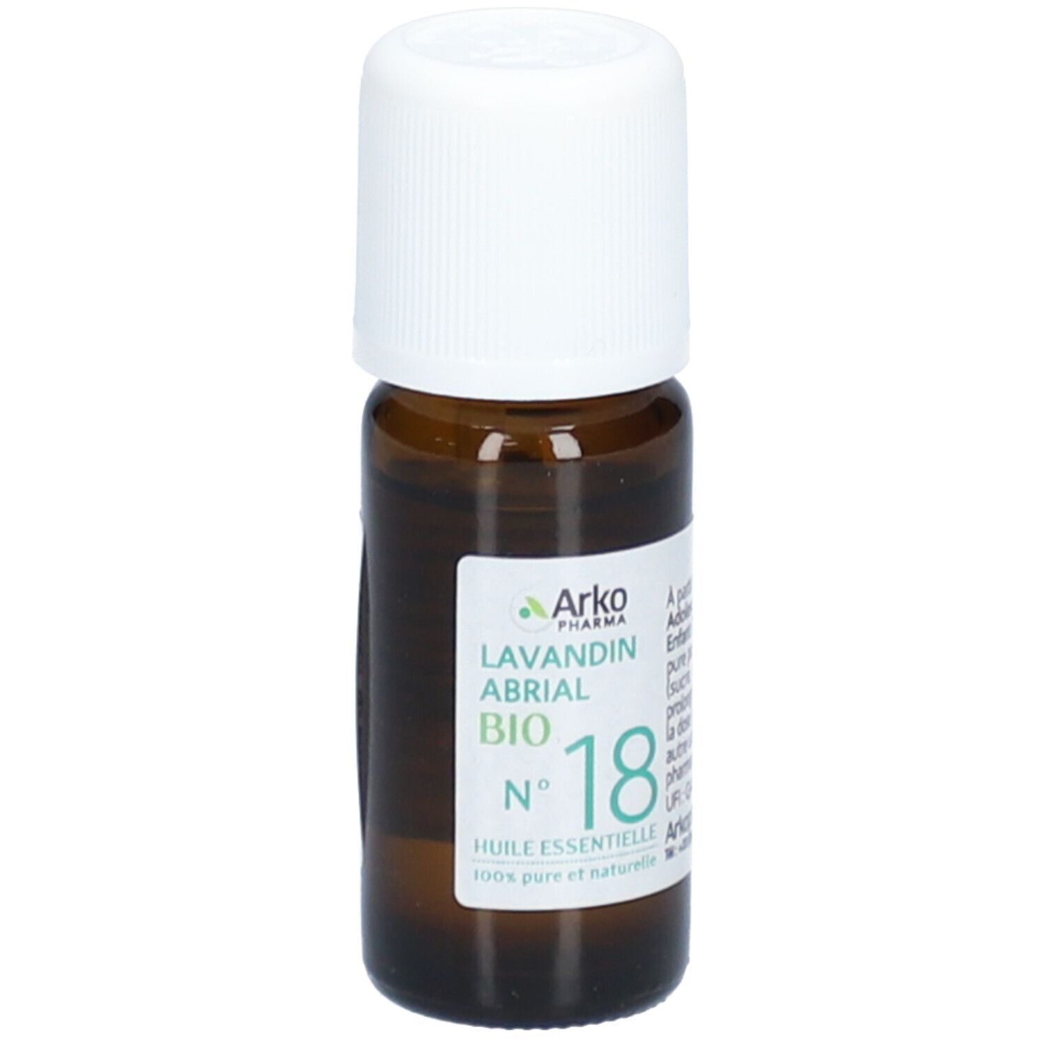 Bruine glazen fles met witte dop. Etiket met tekst: Lavandin Abrial Bio, Nr. 18. Merk: Arko Pharma. 100% puur en natuurlijk.