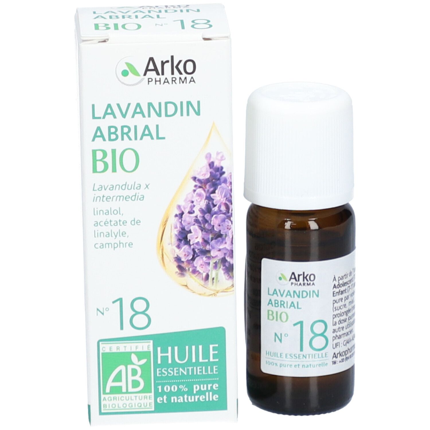 Productverpakking met fles en doos. Doos met tekst: Lavandin Abrial Bio, Nr. 18. Merk: Arko Pharma. Certificering.