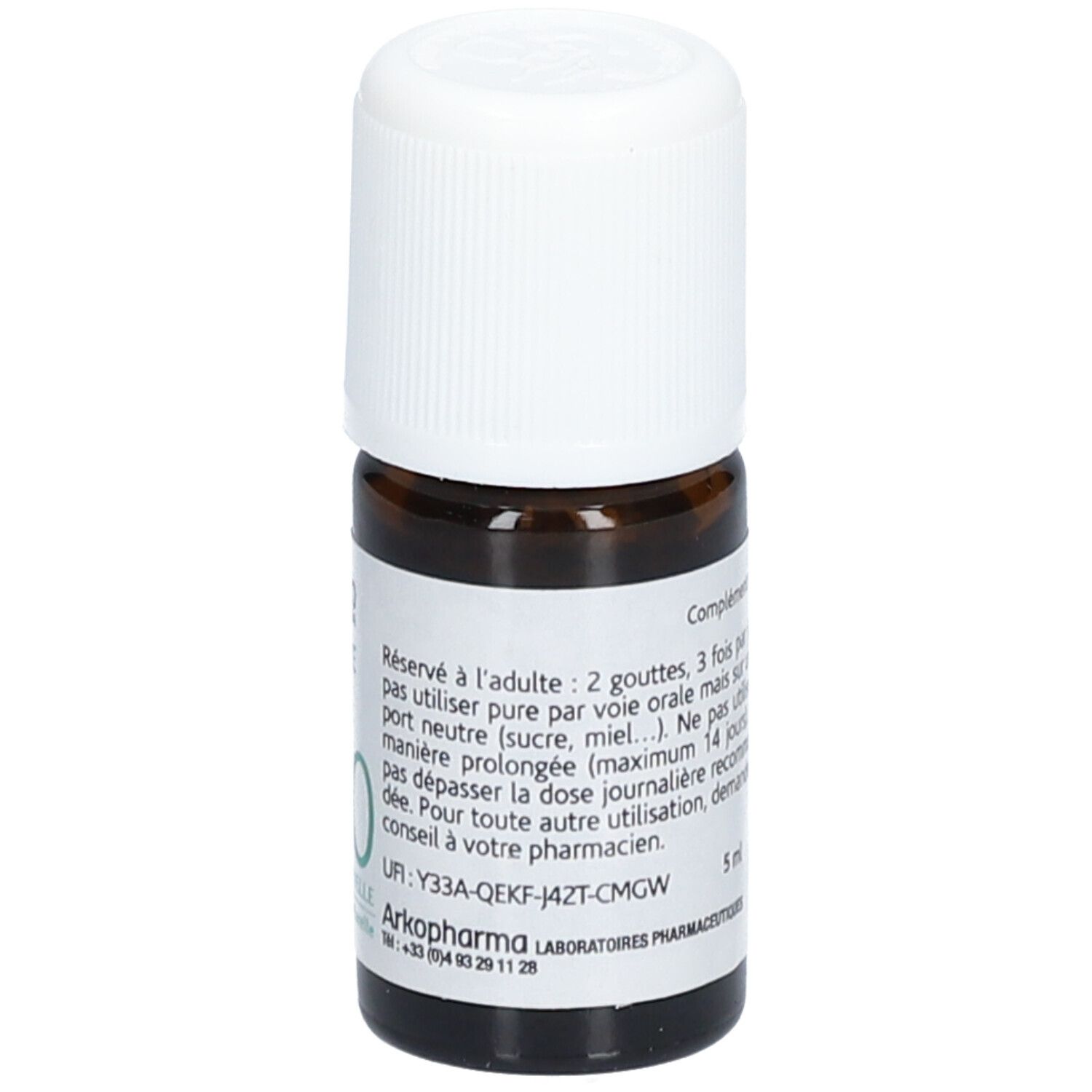 Braune Glasflasche mit weißem Deckel. Etikett mit Text. Arko Pharma. 5 ml.