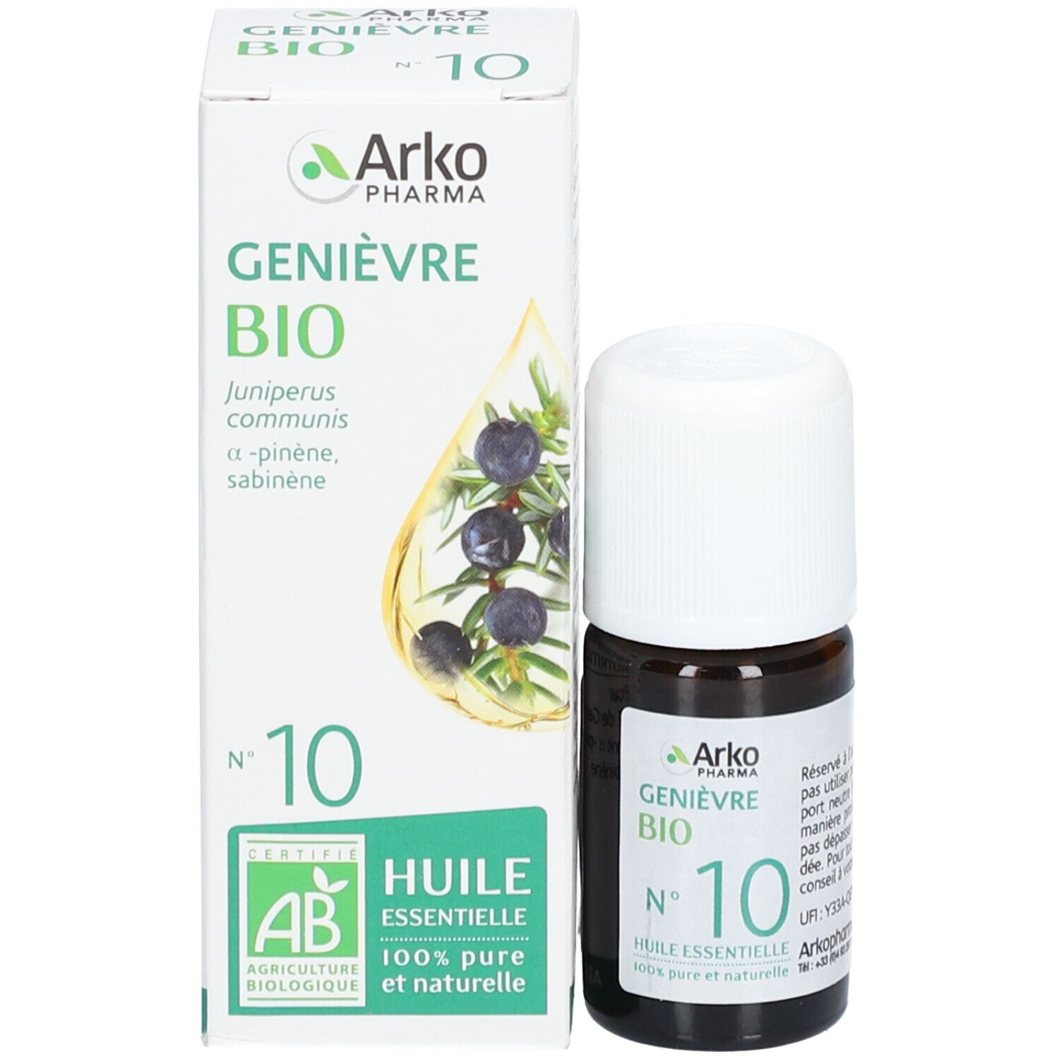 Braune Glasflasche und Schachtel. Schachtel mit Text: Genièvre Bio Nr. 10, Huile essentielle. Arko Pharma. AB-Zertifizierung.