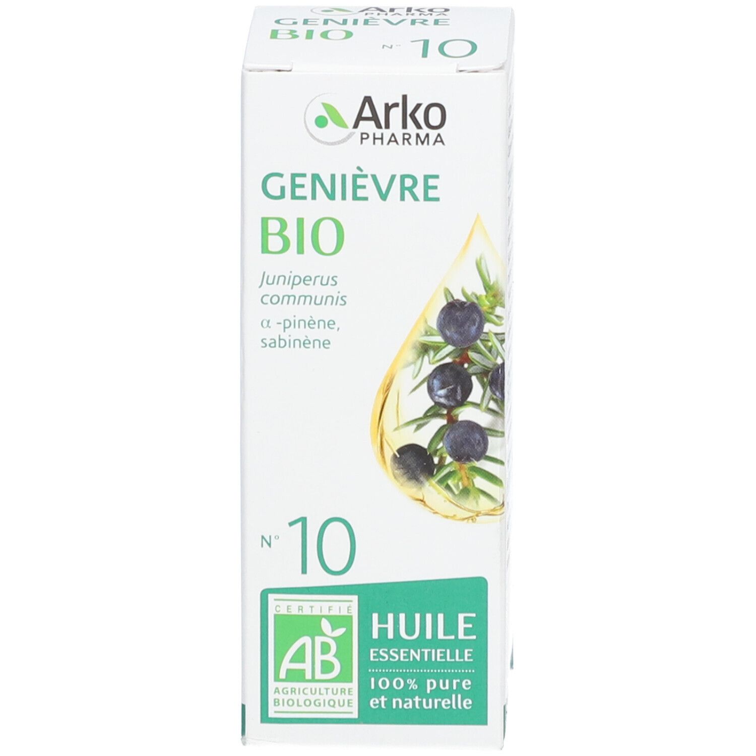 Schachtel mit Text: Genièvre Bio Nr. 10, Huile essentielle. Arko Pharma. AB-Zertifizierung. Abbildung von Beeren.