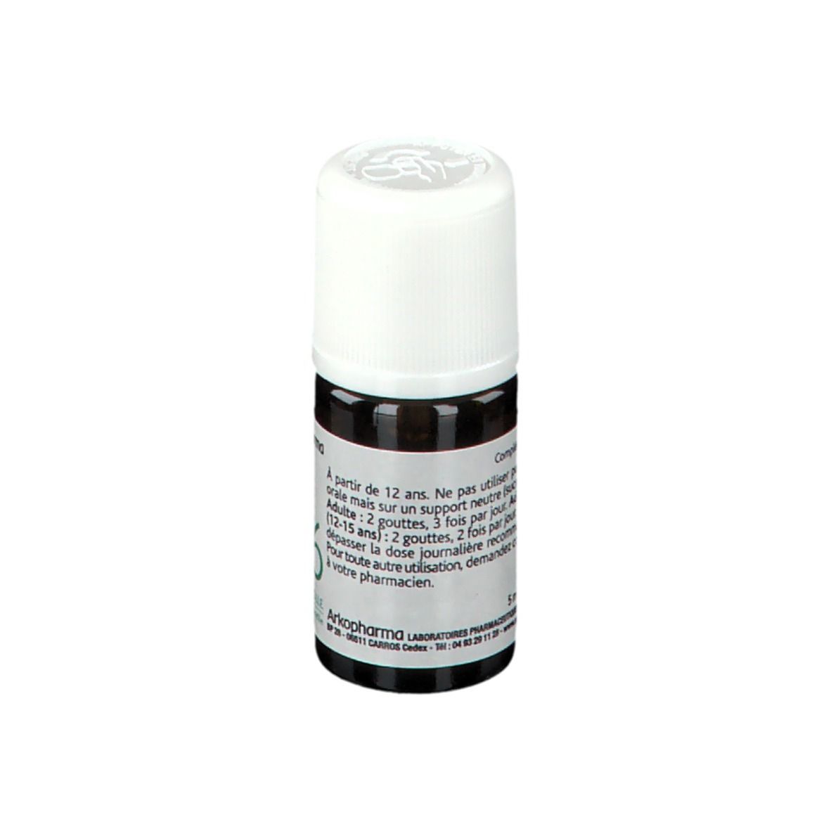 Flacon en verre brun, bouchon blanc. Texte au dos. Marque: Arkopharma. Informations d'utilisation.